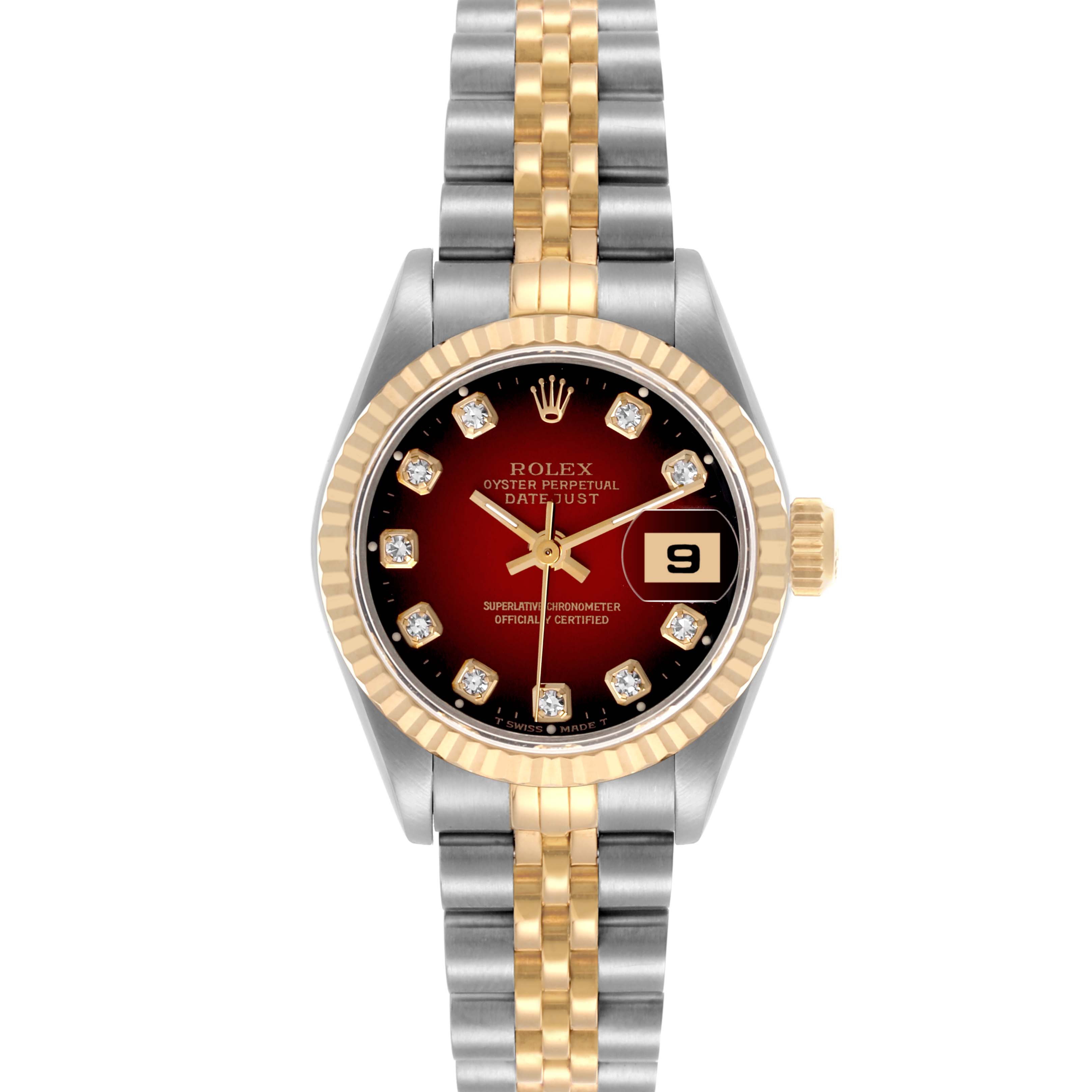 The Rolex Datejust 69173 Women's Steel and Gold (two tone) Red Dial 69173 Women's Steel and Gold (two tone) Red Dial watch is shown from a top-down angle, displaying the dial, bezel, crown, and two-tone bracelet.