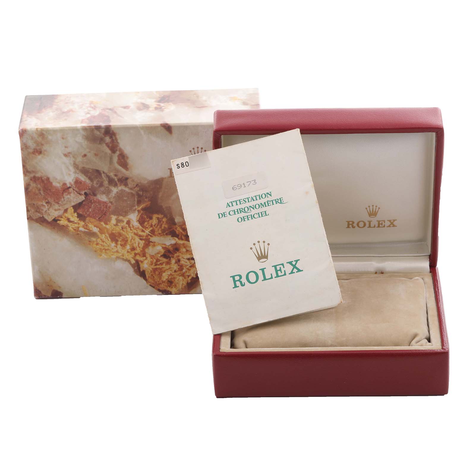 The image shows a Rolex Datejust 69173 Women's Steel and Gold (two tone) Red Dial 69173 Women's Steel and Gold (two tone) Red Dial box, booklet, and outer packaging from a frontal angle.