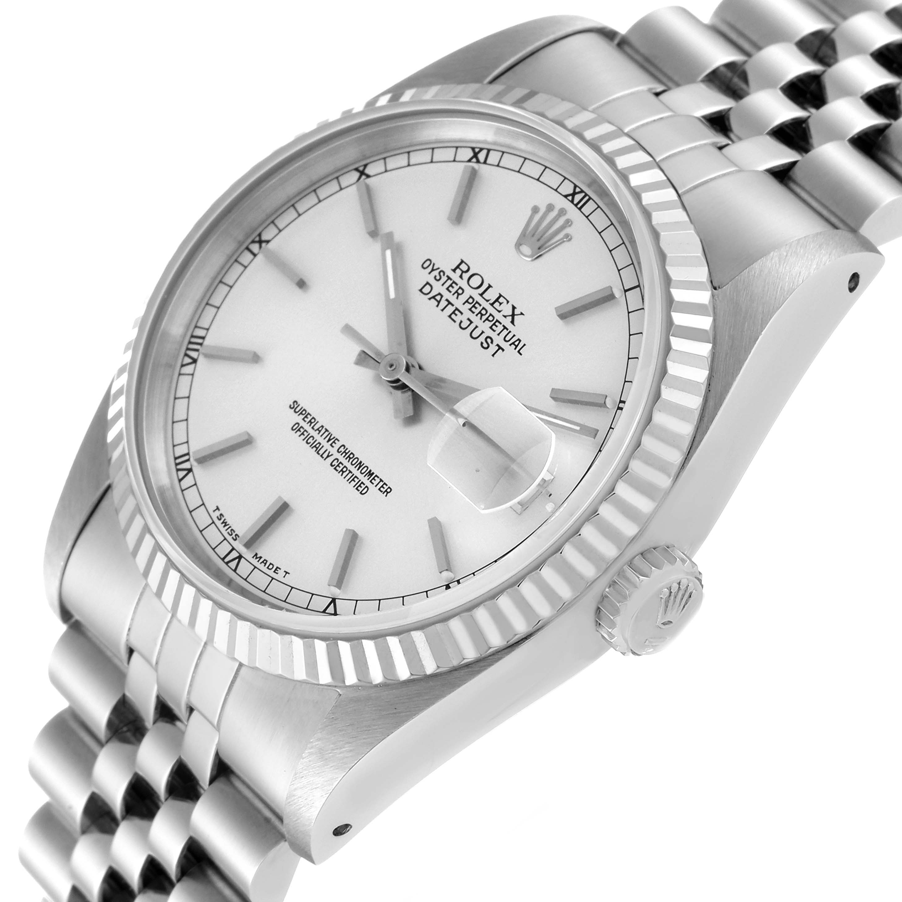 The image shows a Rolex Datejust 16234 Men's Stainless Steel Silver Dial 16234 Men's Stainless Steel Silver Dial watch angled from above, highlighting the face, bezel, crown, and part of the bracelet.