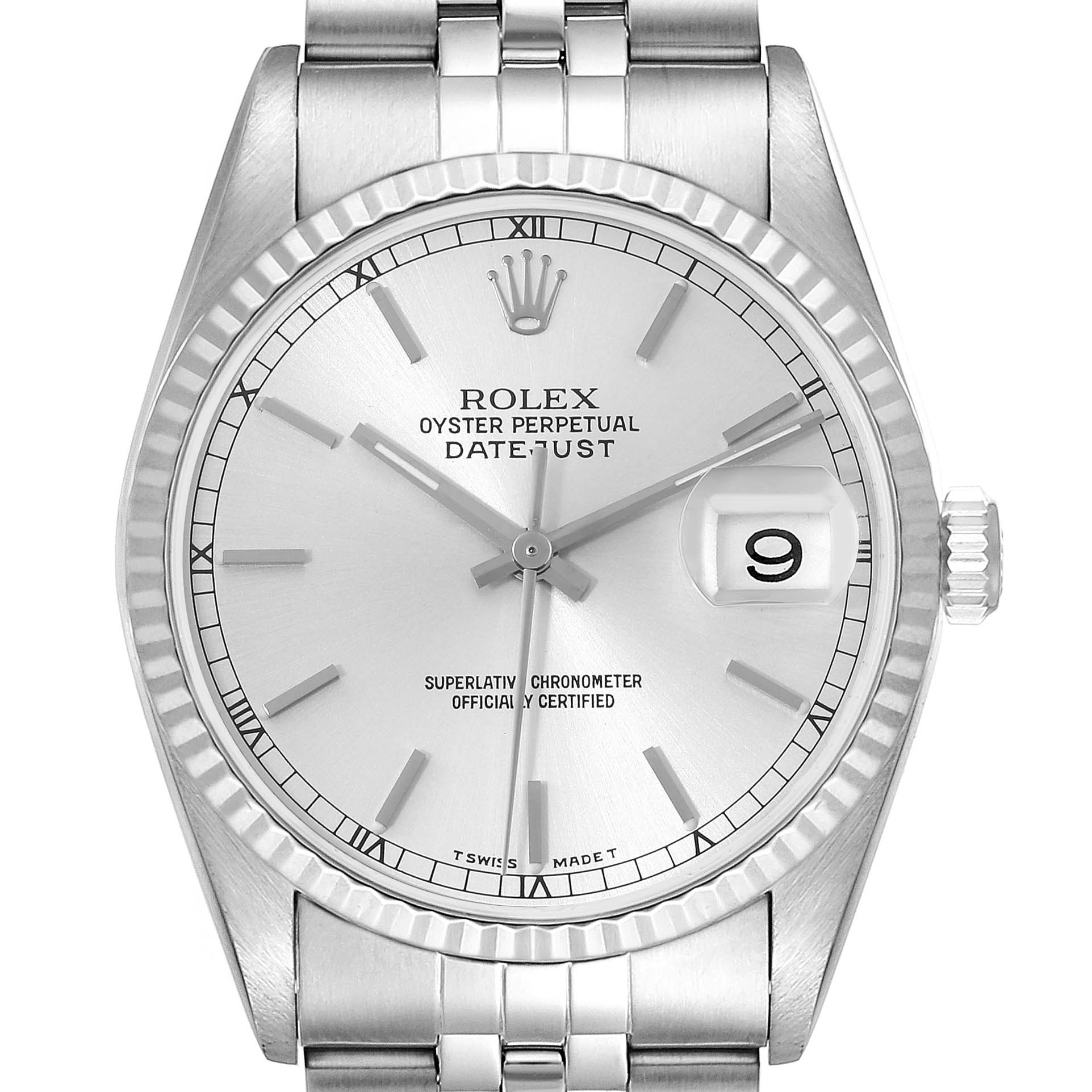 The image shows a front view of a Rolex Datejust 16234 Men's Stainless Steel Silver Dial 16234 Men's Stainless Steel Silver Dial watch, focusing on the dial, bezel, and part of the bracelet.