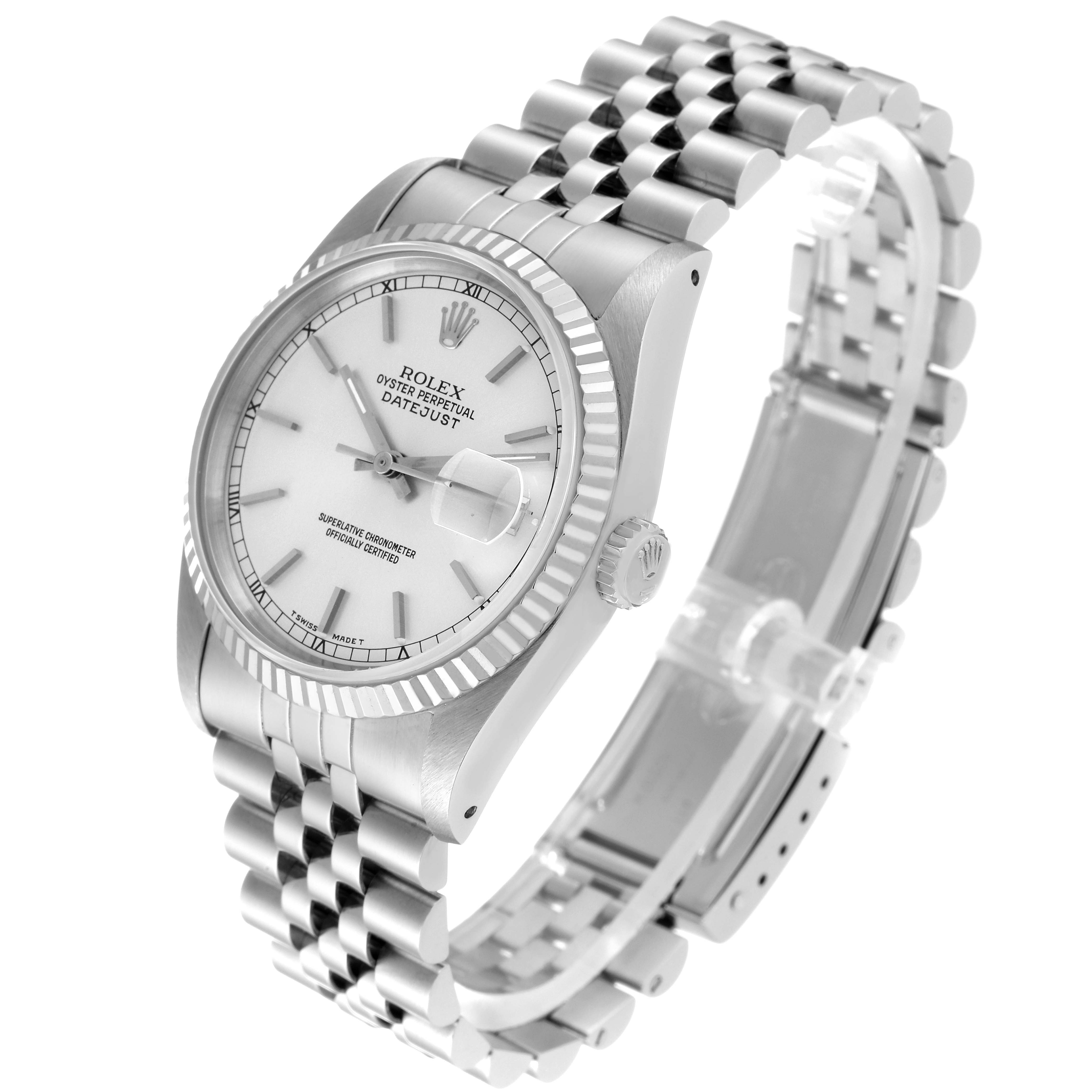 The image shows a Rolex Datejust 16234 Men's Stainless Steel Silver Dial 16234 Men's Stainless Steel Silver Dial watch at a three-quarter angle, displaying the face, bezel, crown, and Jubilee bracelet.