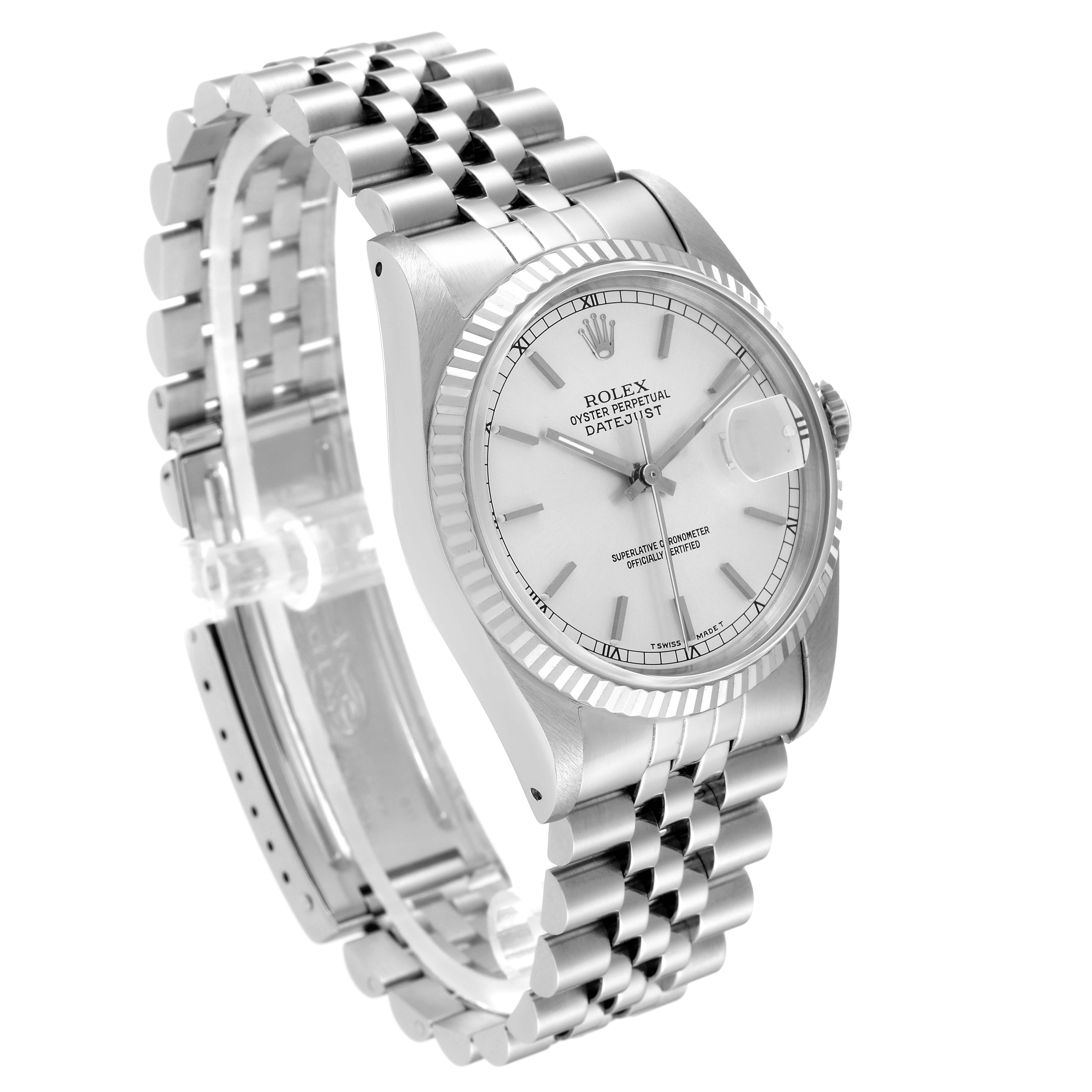 The image shows a Rolex Datejust 16234 Men's Stainless Steel Silver Dial 16234 Men's Stainless Steel Silver Dial watch from a three-quarter angle, highlighting the face, bezel, and bracelet.