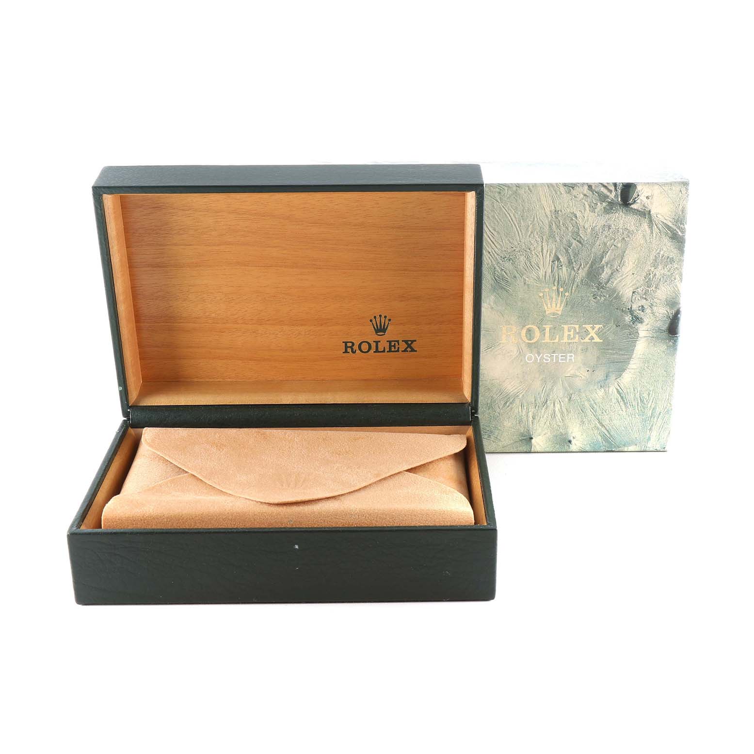 This image shows an open Rolex Datejust 16234 Men's Stainless Steel Silver Dial 16234 Men's Stainless Steel Silver Dial watch box with a leather pouch inside and its outer protective packaging.