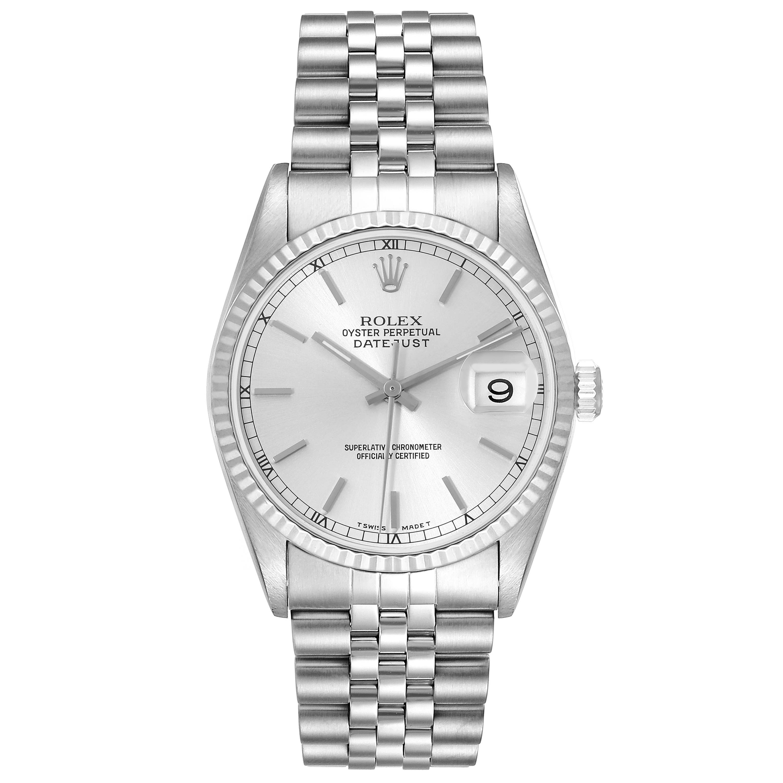 This image shows a front view of the Rolex Datejust 16234 Men's Stainless Steel Silver Dial 16234 Men's Stainless Steel Silver Dial watch, displaying the dial, hands, date window, and Jubilee bracelet.