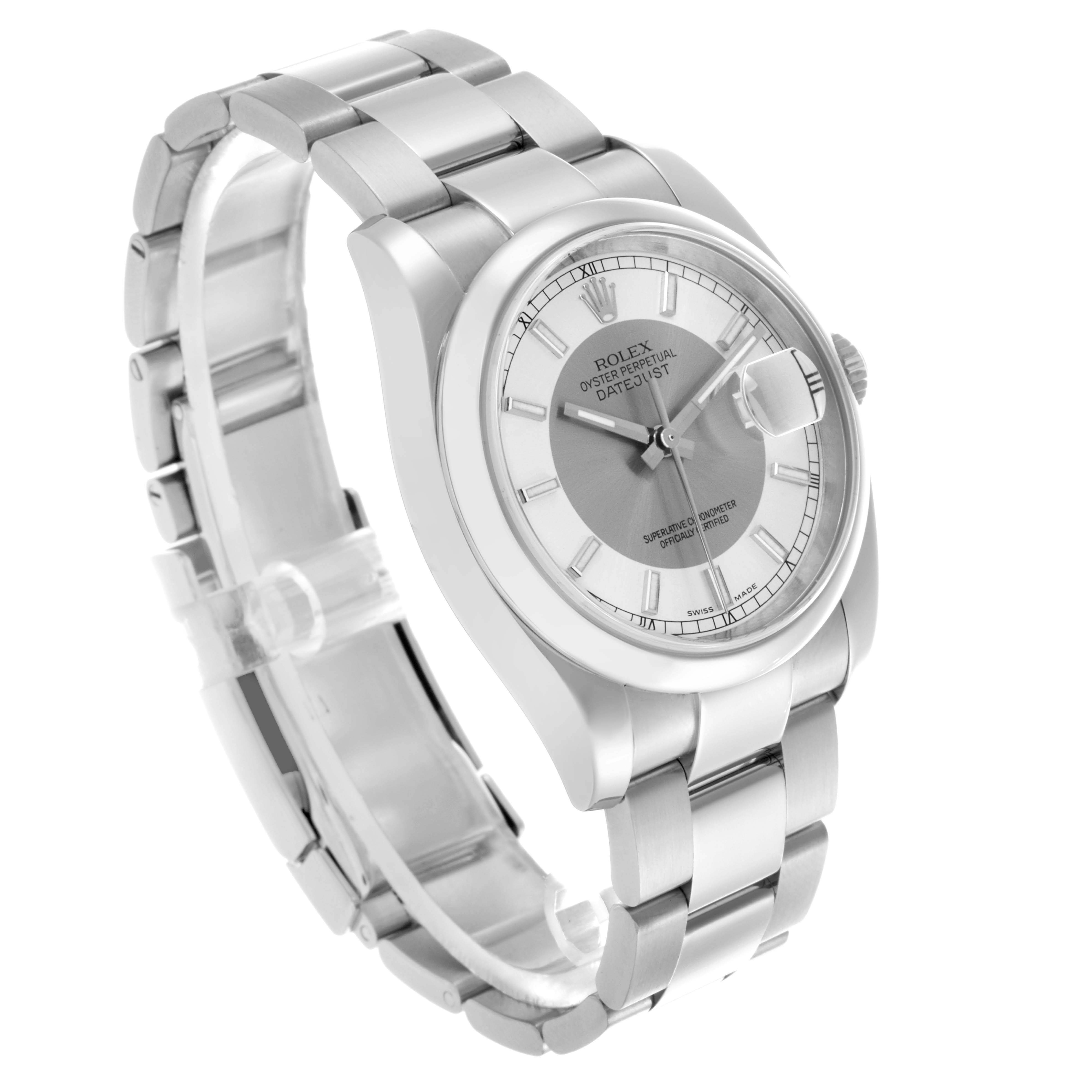 The Rolex Datejust 116200 Men's Stainless Steel Silver Dial 116200 Men's Stainless Steel Silver Dial watch is shown at a three-quarter angle, highlighting the face, bezel, case, and bracelet links.