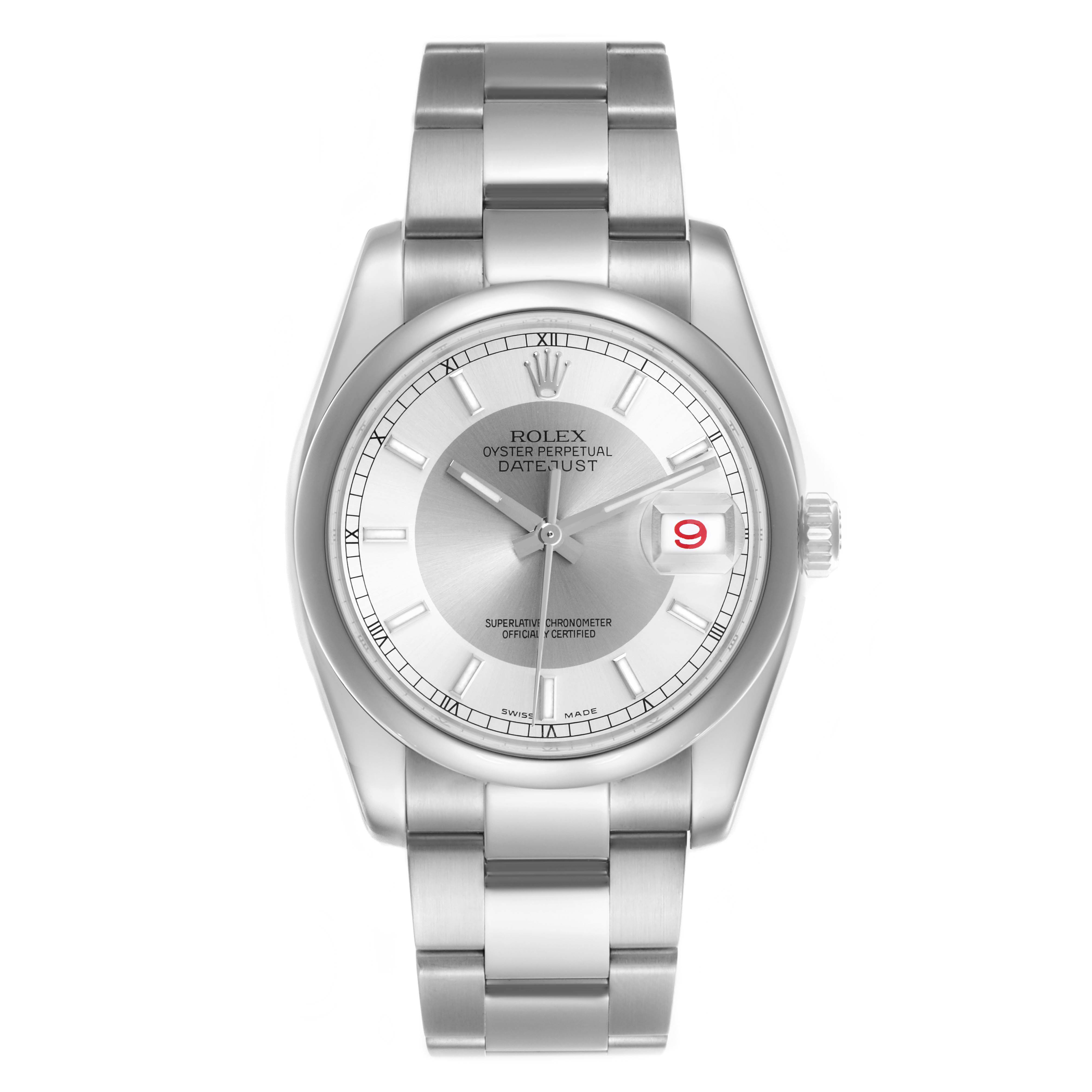 The Rolex Datejust 116200 Men's Stainless Steel Silver Dial 116200 Men's Stainless Steel Silver Dial watch is shown from a top-down angle, displaying the face, bezel, and full bracelet.