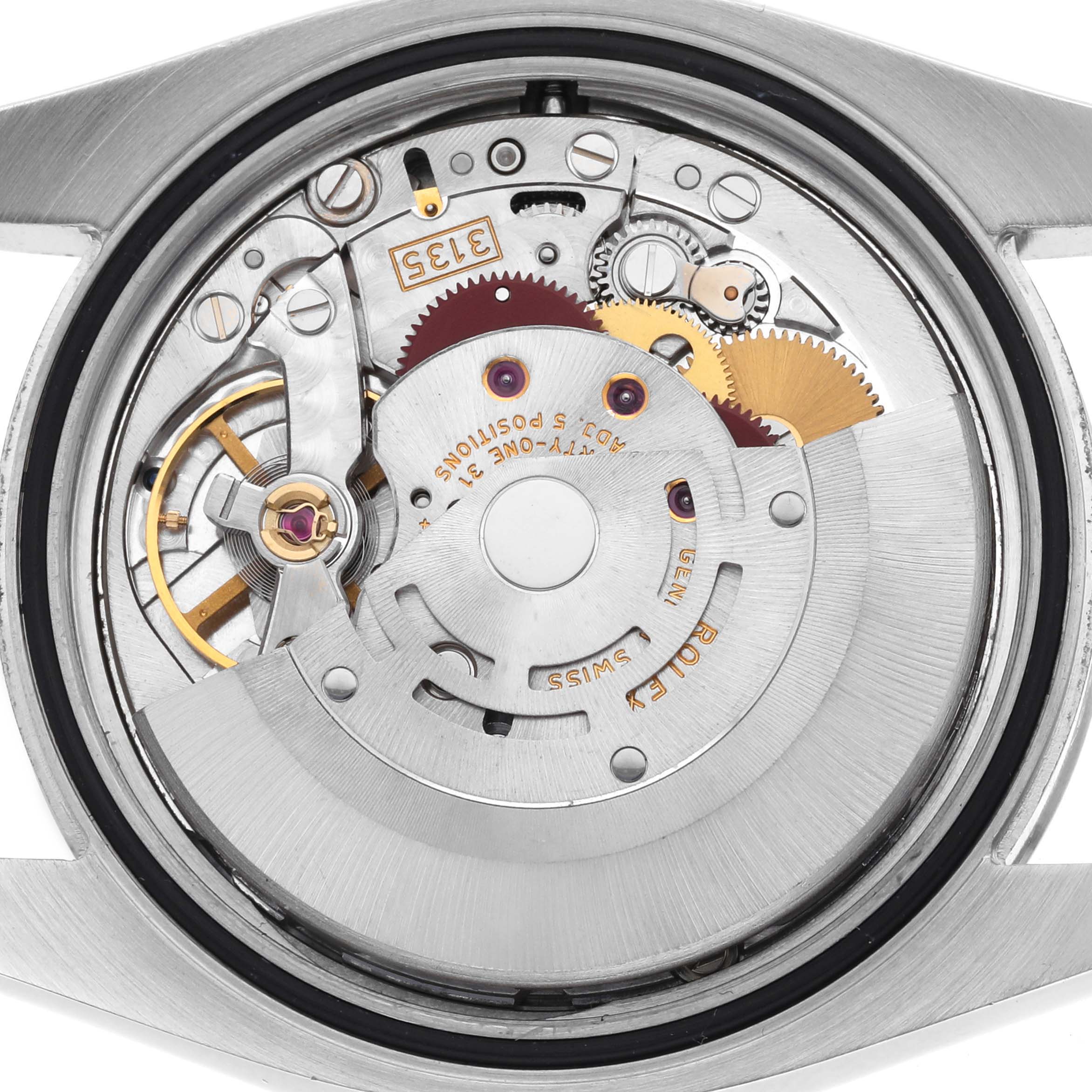 The image shows the inner movement mechanism of a Rolex Datejust 116200 Men's Stainless Steel Silver Dial 116200 Men's Stainless Steel Silver Dial watch, viewed from the back without the case back.