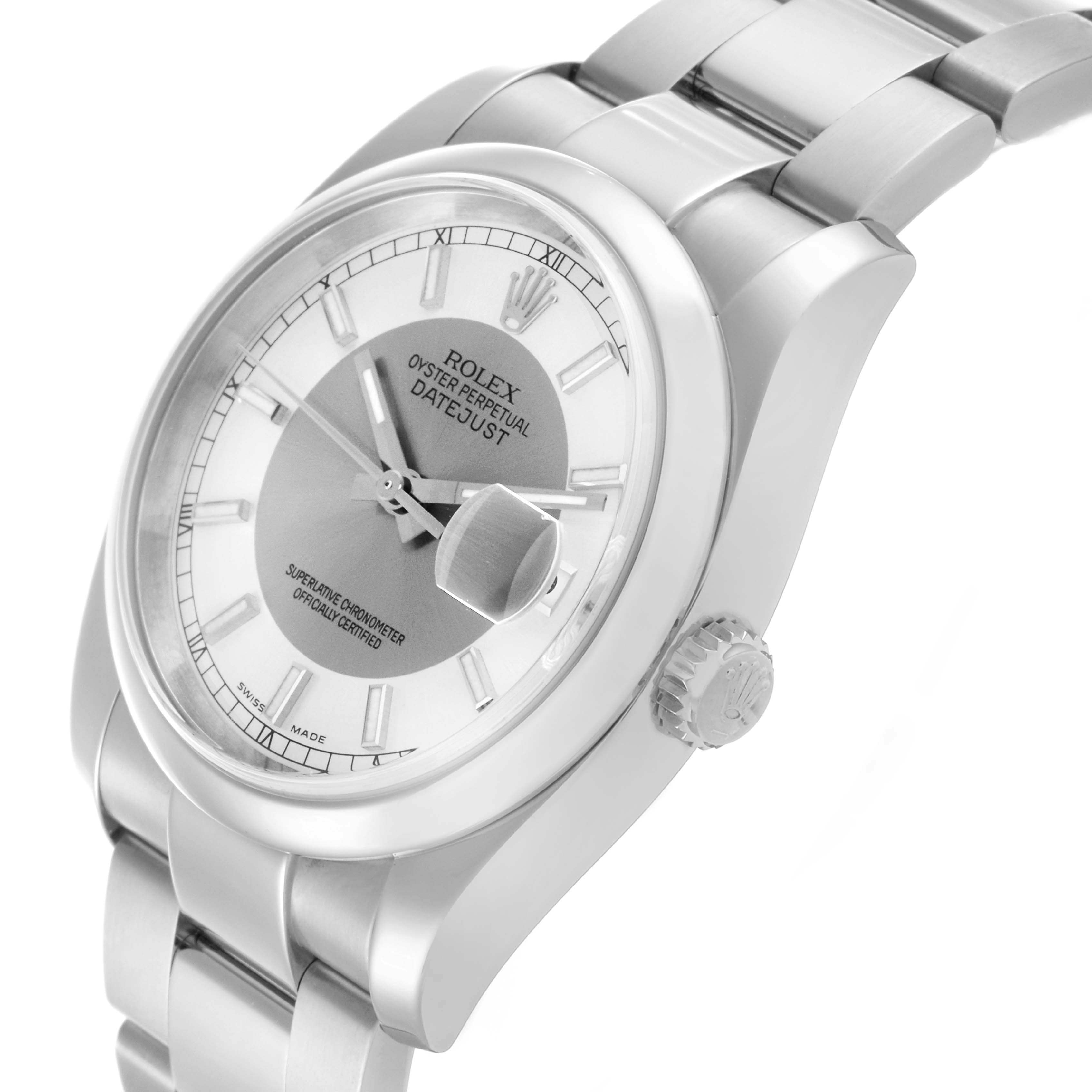 The Rolex Datejust 116200 Men's Stainless Steel Silver Dial 116200 Men's Stainless Steel Silver Dial watch is shown at an angled close-up, showcasing the face, crown, and part of the bracelet.