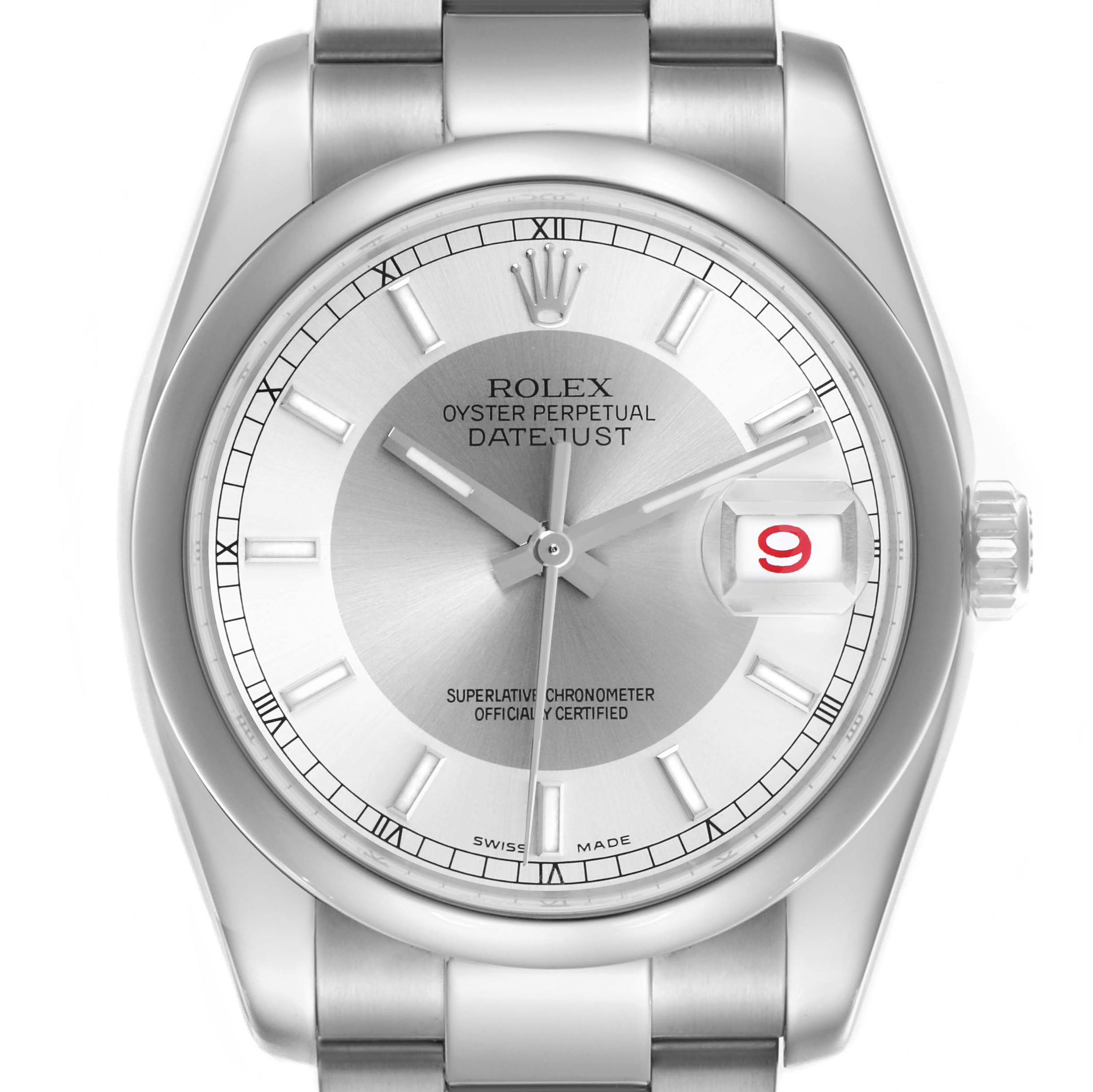 The Rolex Datejust 116200 Men's Stainless Steel Silver Dial 116200 Men's Stainless Steel Silver Dial watch is shown from a front angle, displaying its dial, hands, bezel, and part of the bracelet.