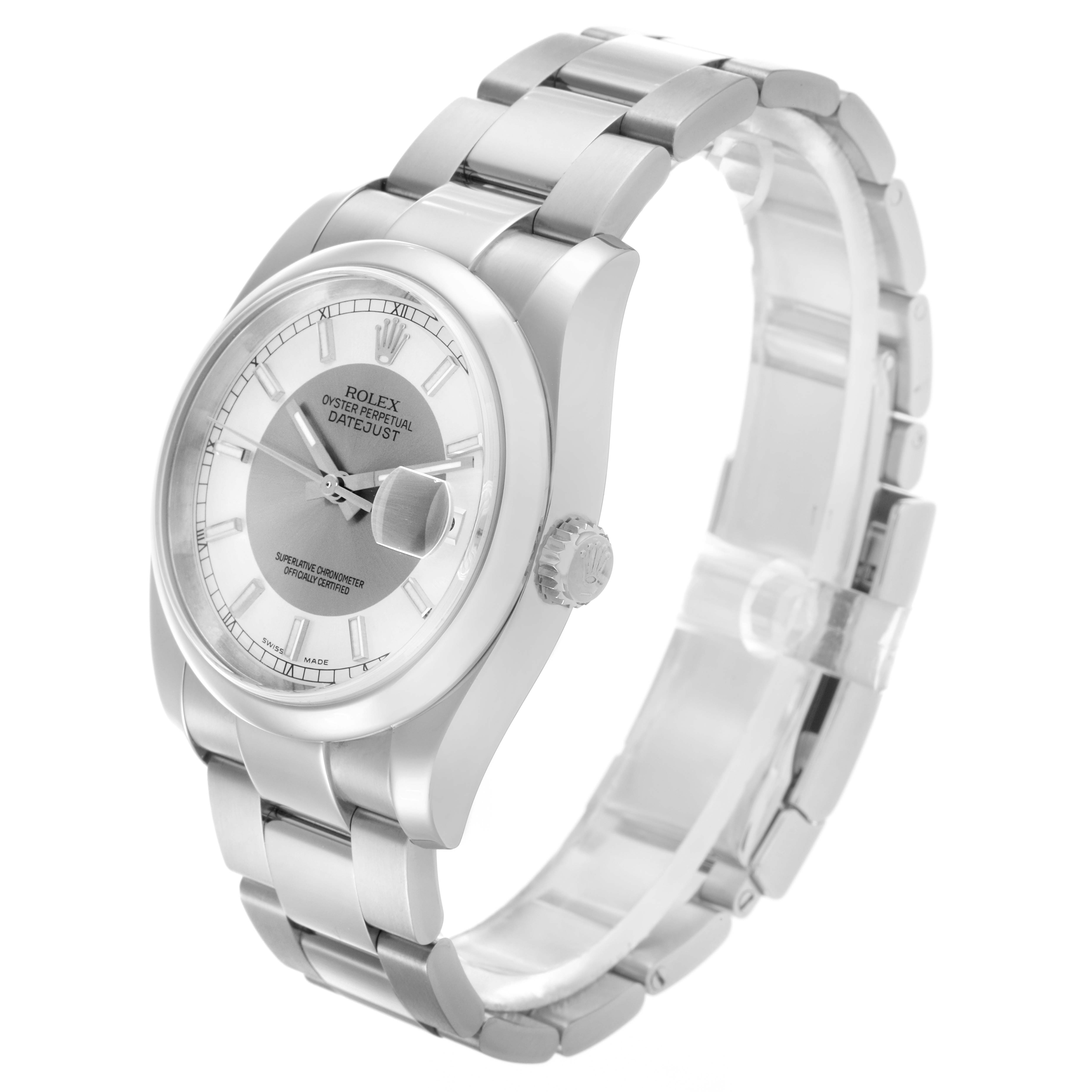 The Rolex Datejust 116200 Men's Stainless Steel Silver Dial 116200 Men's Stainless Steel Silver Dial watch is shown at a three-quarter angle, highlighting the dial, bezel, crown, and bracelet.