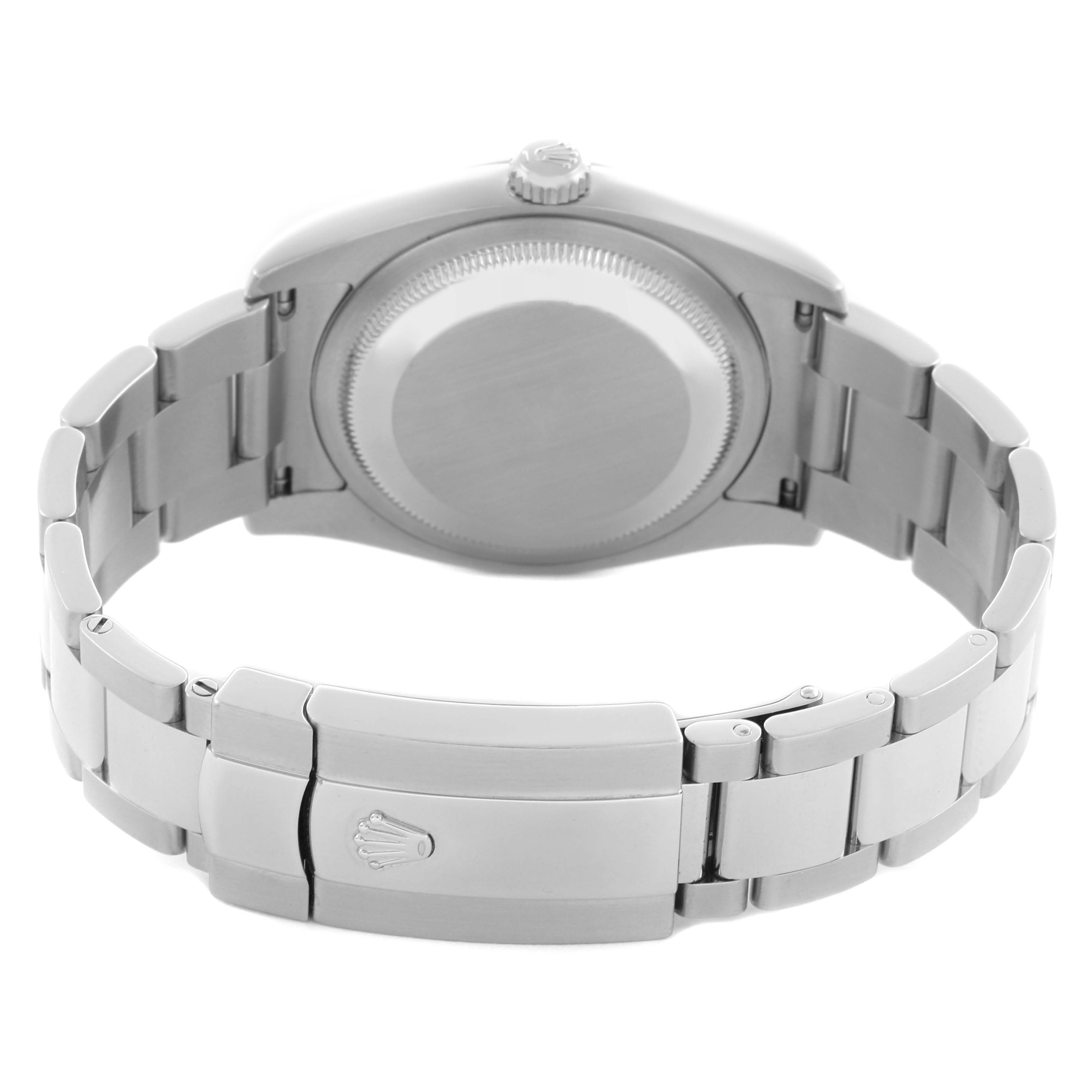 The image shows the back of a Rolex Datejust 116200 Men's Stainless Steel Silver Dial 116200 Men's Stainless Steel Silver Dial watch, highlighting the clasp and bracelet.