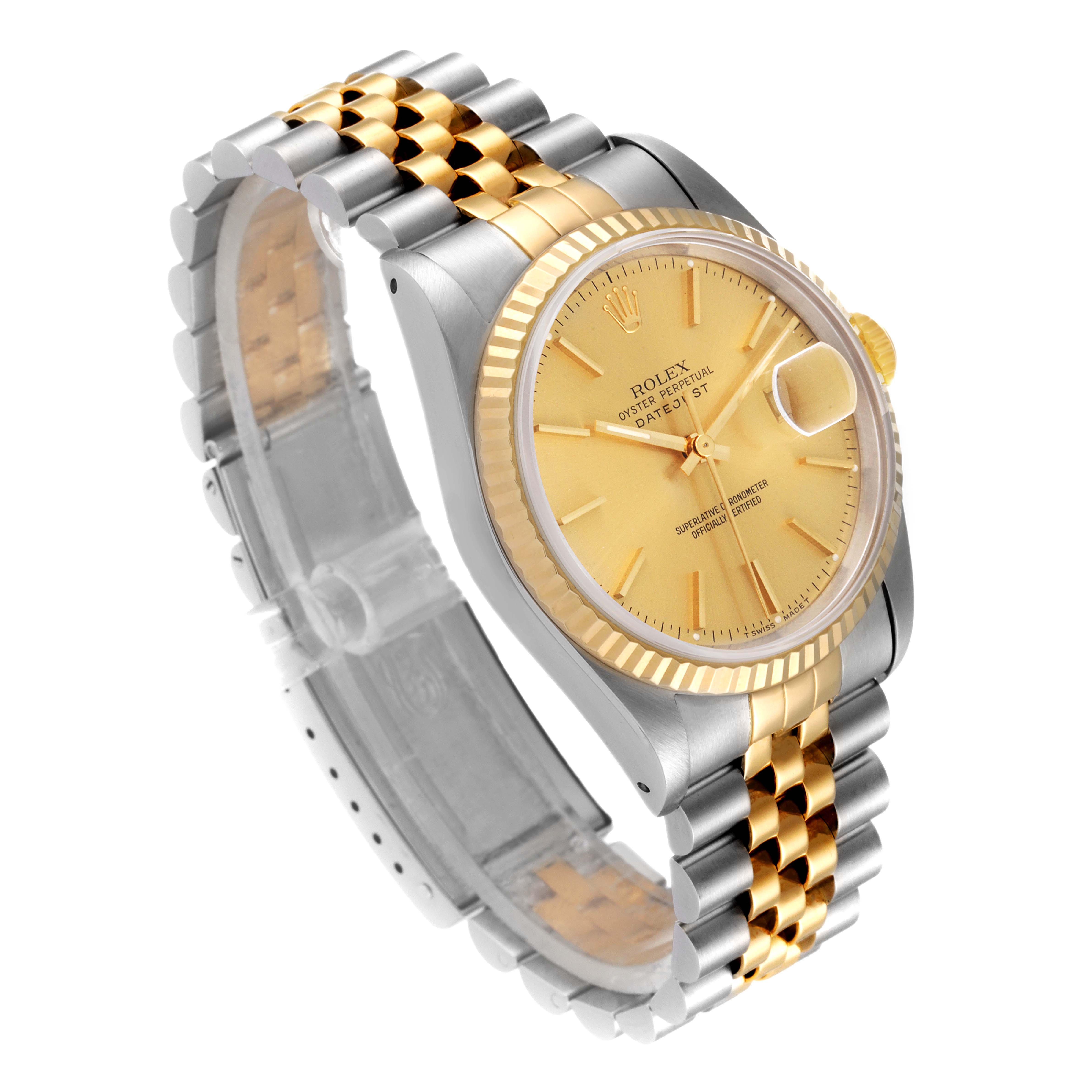 The Rolex Datejust 16233 Men's Steel and Gold (two tone) Champagne Dial 16233 Men's Steel and Gold (two tone) Champagne Dial is shown at a slight angle, highlighting the gold dial, fluted bezel, and two-tone Jubilee bracelet.