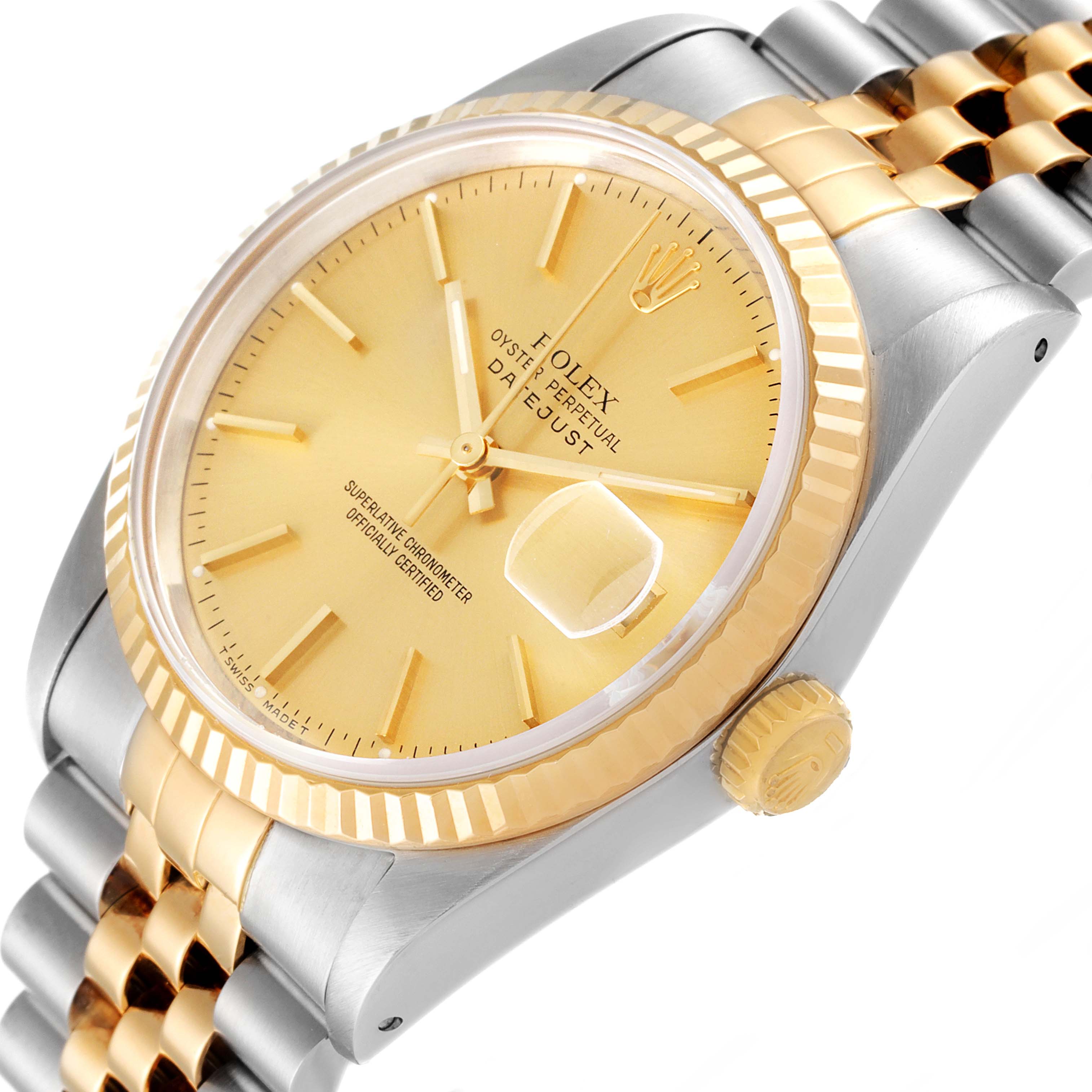 The image shows a close-up of a Rolex Datejust 16233 Men's Steel and Gold (two tone) Champagne Dial 16233 Men's Steel and Gold (two tone) Champagne Dial watch, highlighting the gold dial, fluted bezel, and jubilee bracelet.