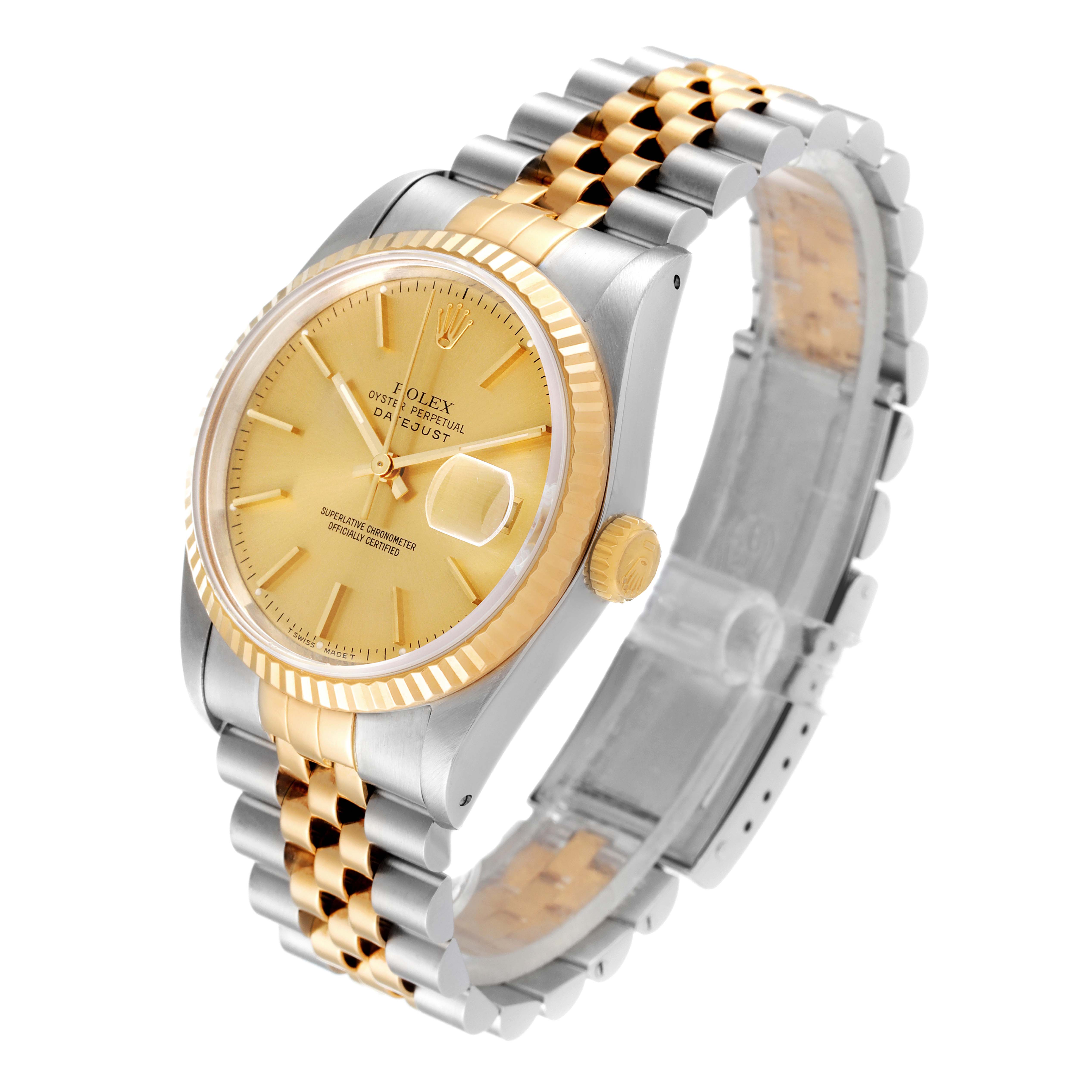 This image shows a Rolex Datejust 16233 Men's Steel and Gold (two tone) Champagne Dial 16233 Men's Steel and Gold (two tone) Champagne Dial watch from an angled view, highlighting its gold dial, crown, and two-tone Jubilee bracelet.