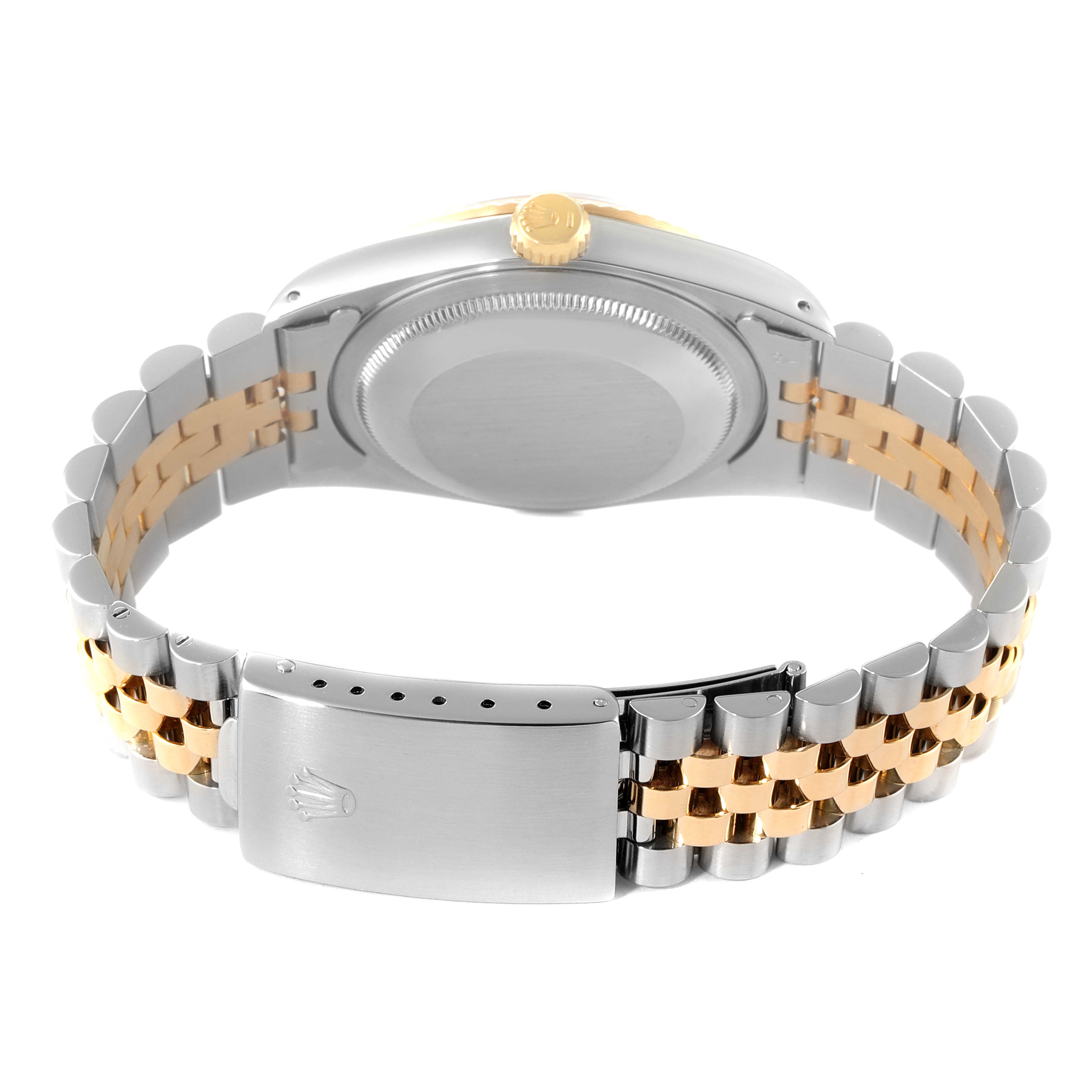 The image shows the case back, crown, and Jubilee bracelet of a Rolex Datejust 16233 Men's Steel and Gold (two tone) Champagne Dial 16233 Men's Steel and Gold (two tone) Champagne Dial watch from a rear angle.