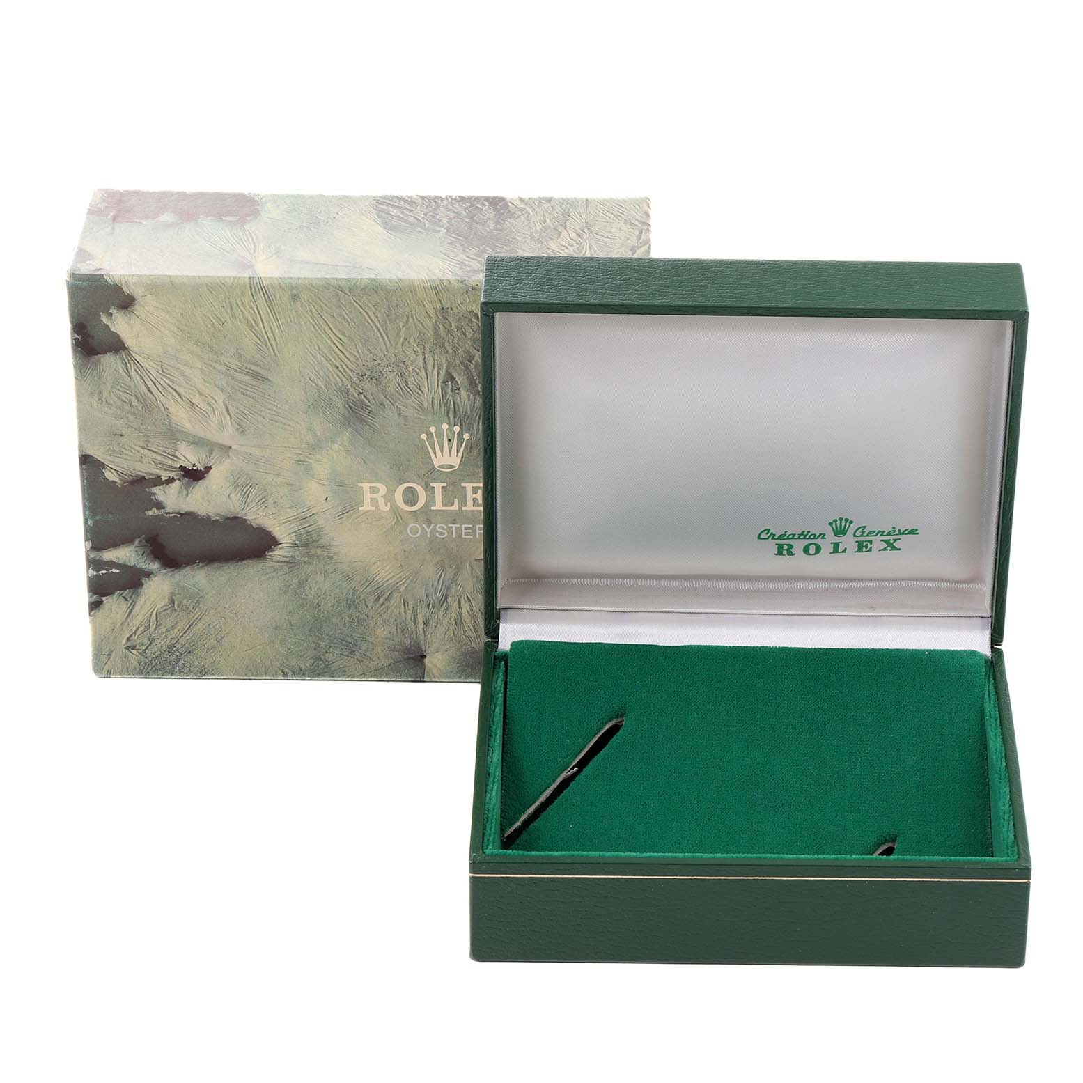 The image shows an empty green Rolex Datejust 16233 Men's Steel and Gold (two tone) Champagne Dial 16233 Men's Steel and Gold (two tone) Champagne Dial watch box and its outer decorative box.