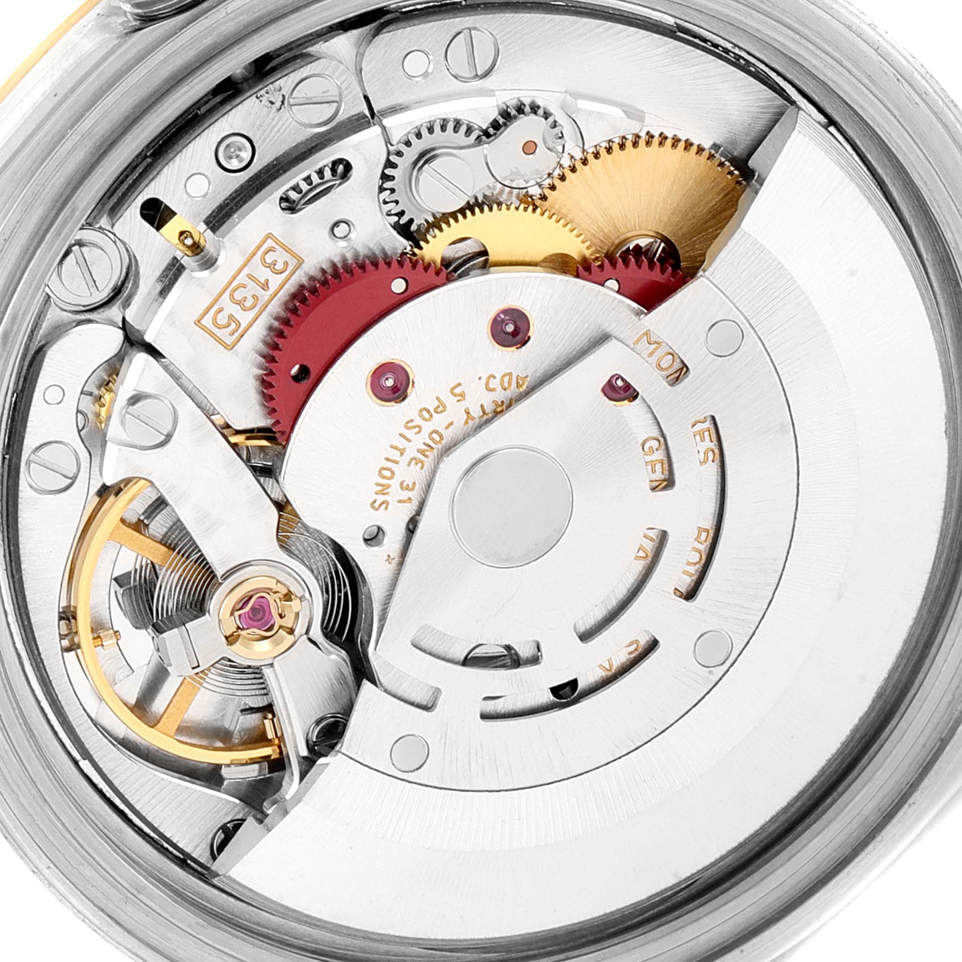 This image shows a close-up view of the internal movement mechanism of a Rolex Datejust 16233 Men's Steel and Gold (two tone) Champagne Dial 16233 Men's Steel and Gold (two tone) Champagne Dial watch.