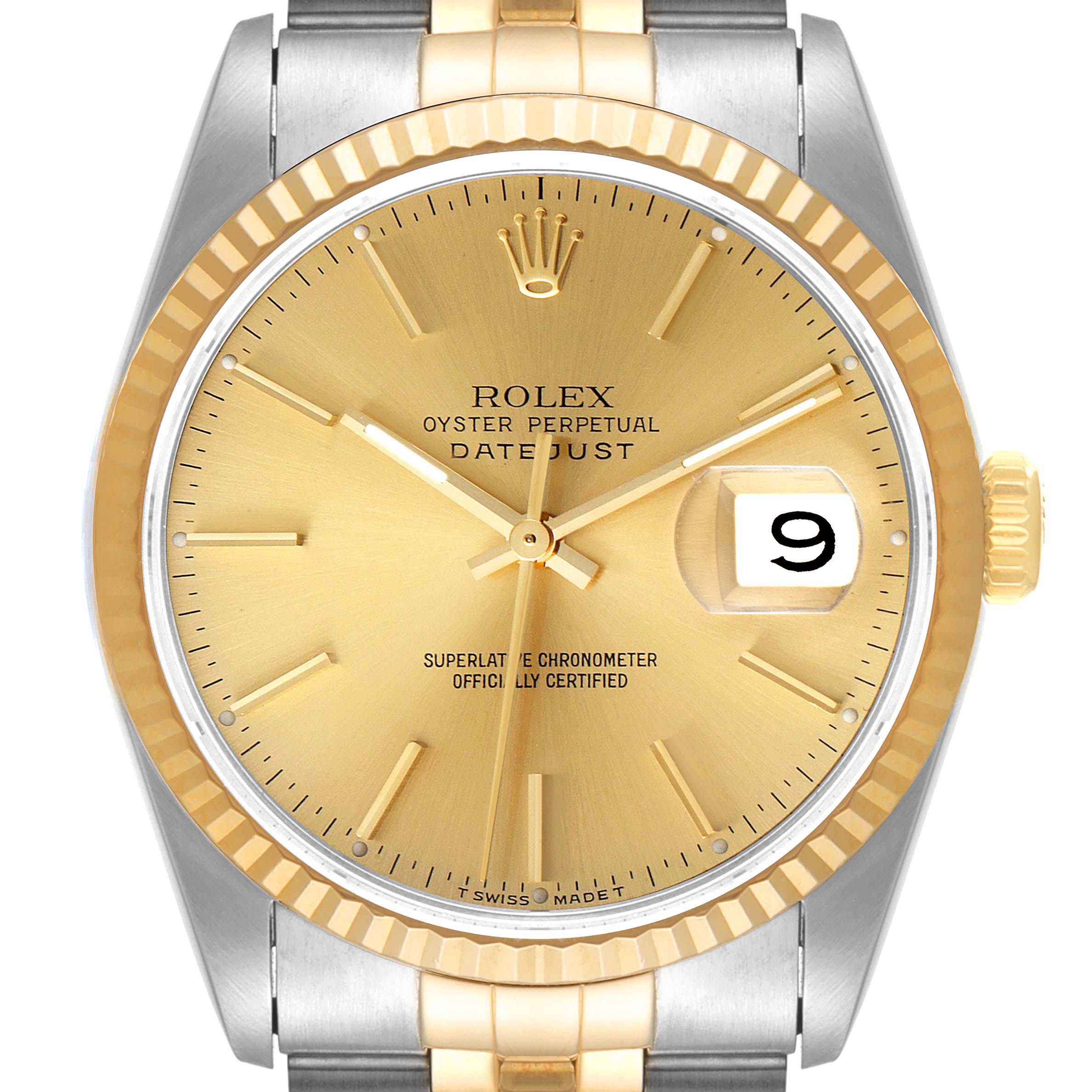 The image shows a close-up of the Rolex Datejust 16233 Men's Steel and Gold (two tone) Champagne Dial 16233 Men's Steel and Gold (two tone) Champagne Dial watch face, highlighting the dial, hands, crown, and date window.