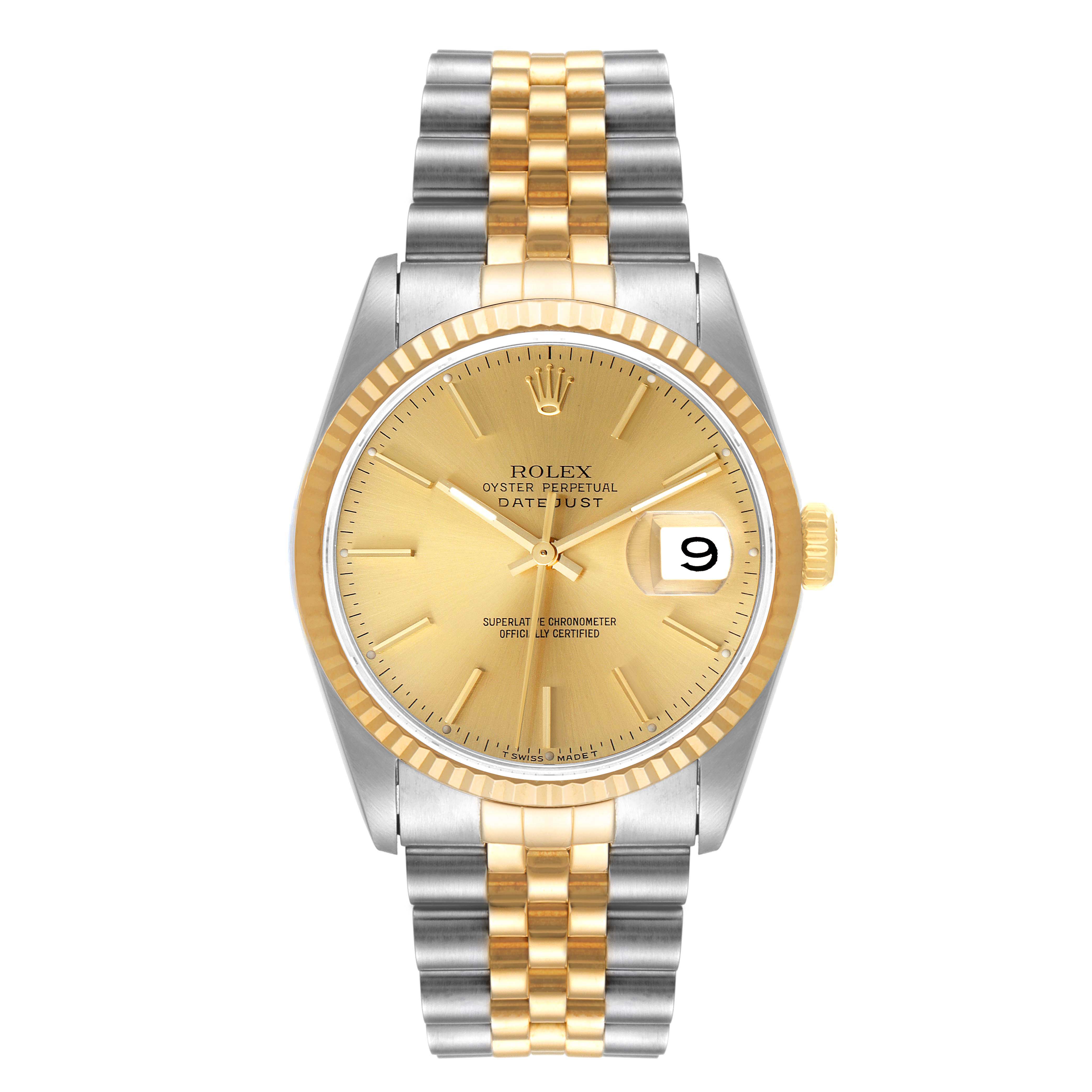 The image shows a front view of a Rolex Datejust 16233 Men's Steel and Gold (two tone) Champagne Dial 16233 Men's Steel and Gold (two tone) Champagne Dial watch with a gold dial, two-tone bezel, and Jubilee bracelet.