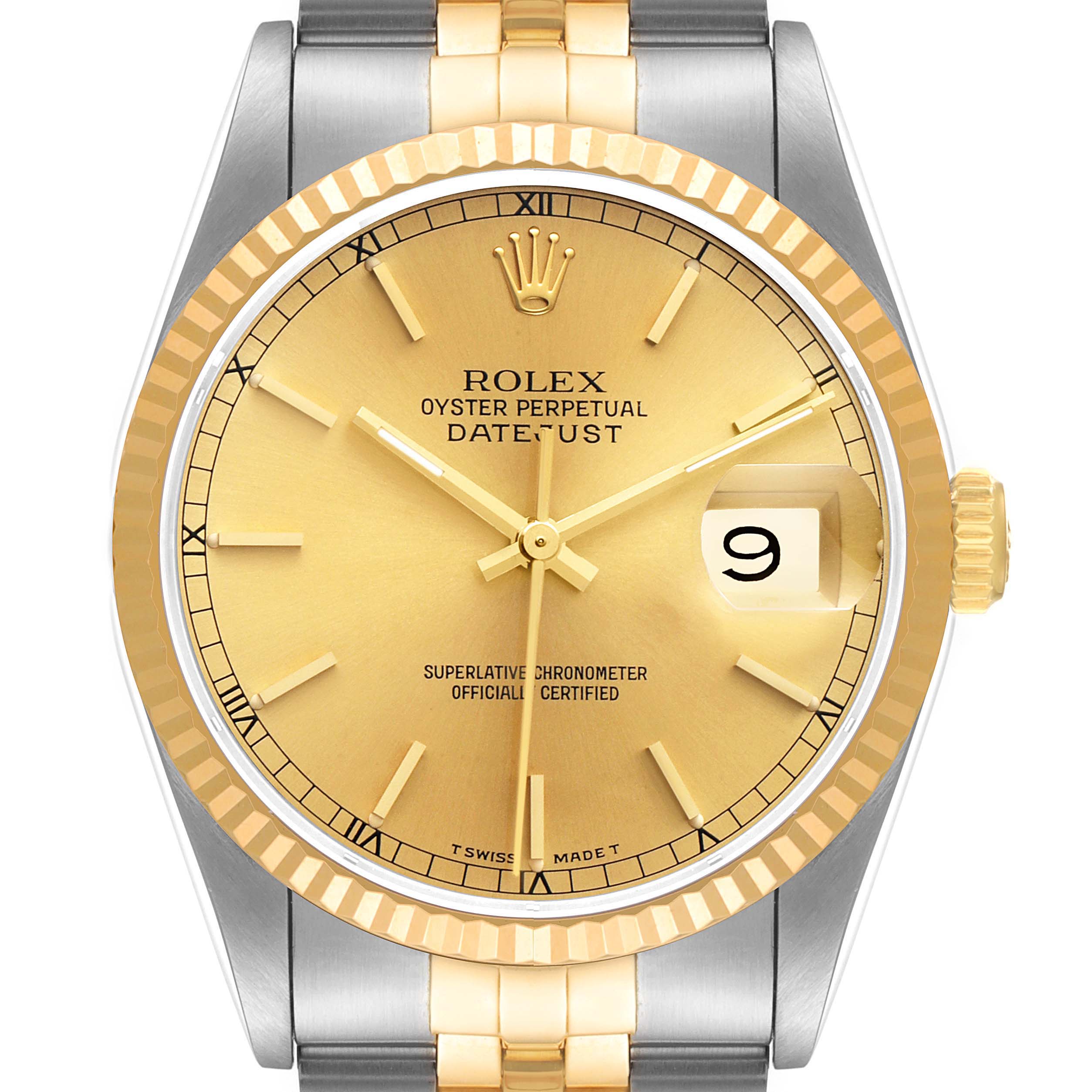 This Rolex Datejust 16233 Men
s Steel and Gold (two tone) Champagne Dial 16233 Men
s Steel and Gold (two tone) Champagne Dial watch is shown from a front angle, displaying the dial, bezel, and a portion of the bracelet.