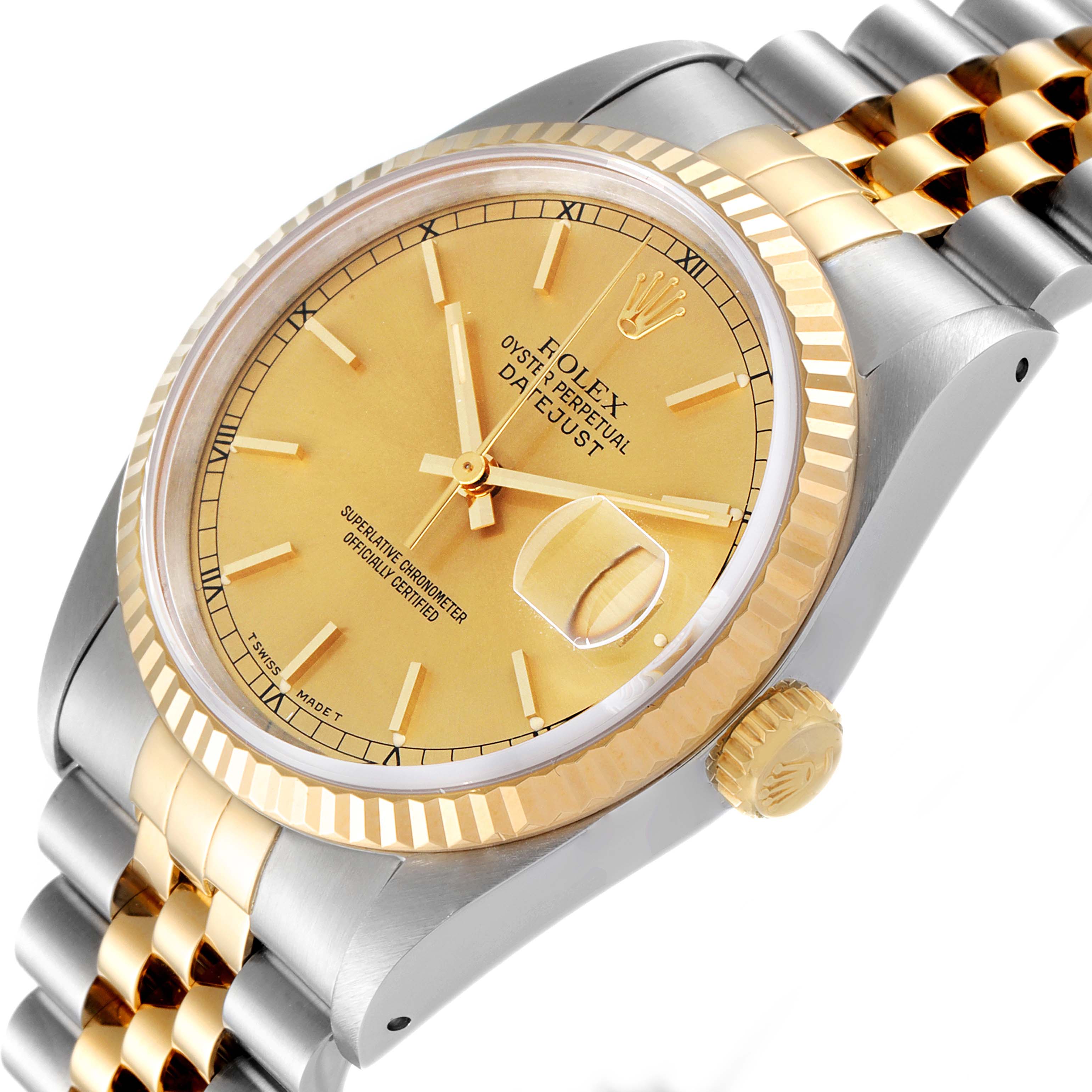 The image shows a Rolex Datejust 16233 Men
s Steel and Gold (two tone) Champagne Dial 16233 Men
s Steel and Gold (two tone) Champagne Dial model watch from a three-quarter angle, highlighting the dial, bezel, crown, and part of the bracelet.