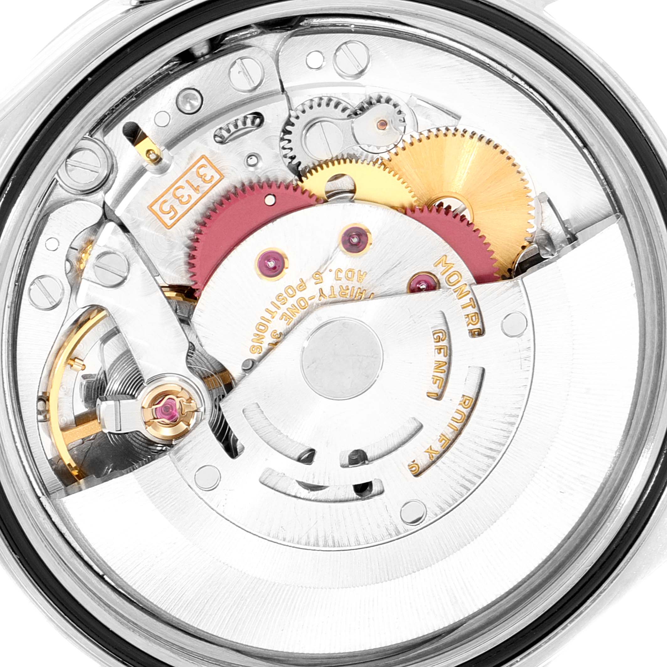 The image shows the intricate internal mechanism of the Rolex Datejust 16233 Men
s Steel and Gold (two tone) Champagne Dial 16233 Men
s Steel and Gold (two tone) Champagne Dial watch from a rear view angle.