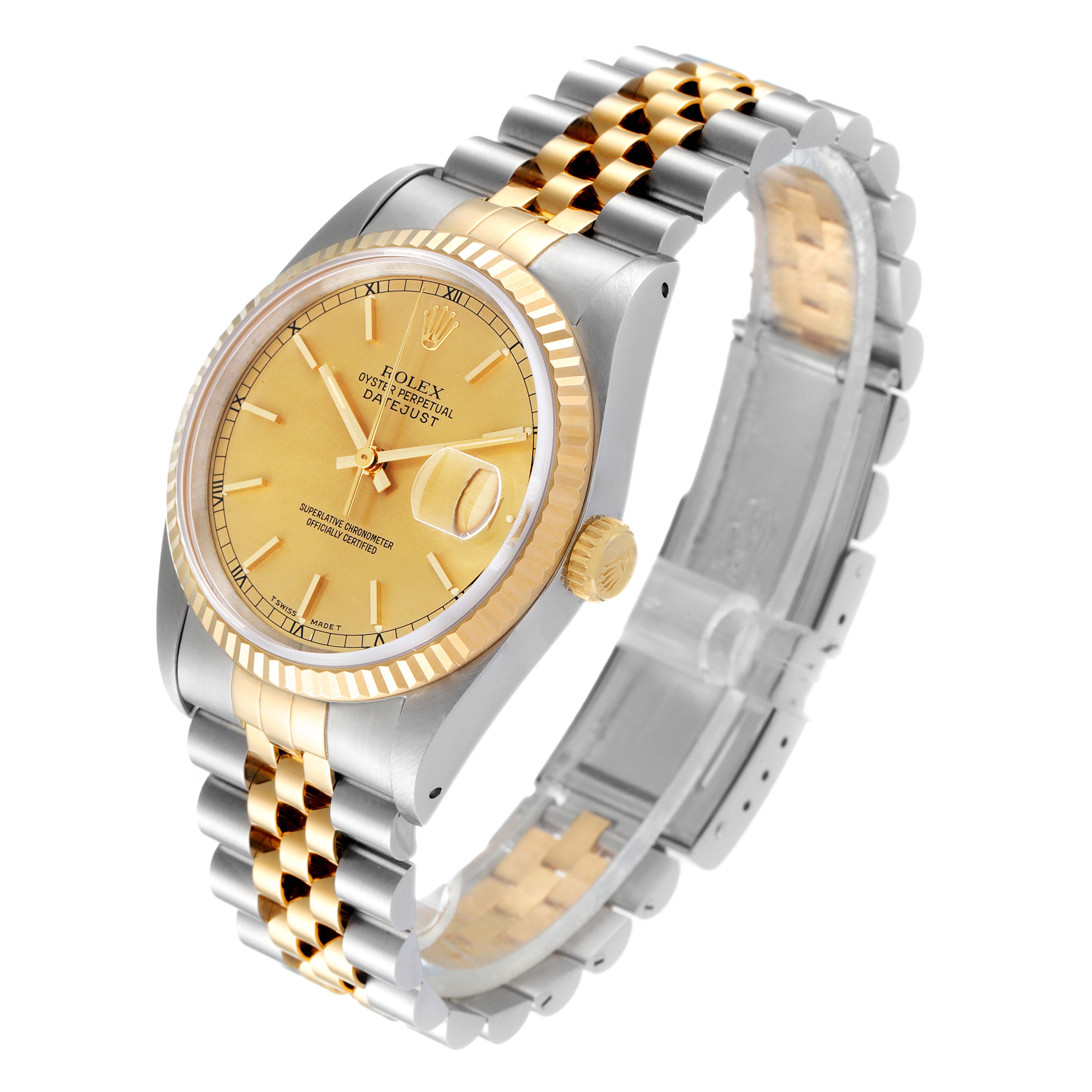 The image shows a Rolex Datejust 16233 Men
s Steel and Gold (two tone) Champagne Dial 16233 Men
s Steel and Gold (two tone) Champagne Dial watch at a slight angle, displaying its gold and silver bracelet, bezel, dial, hands, and crown.