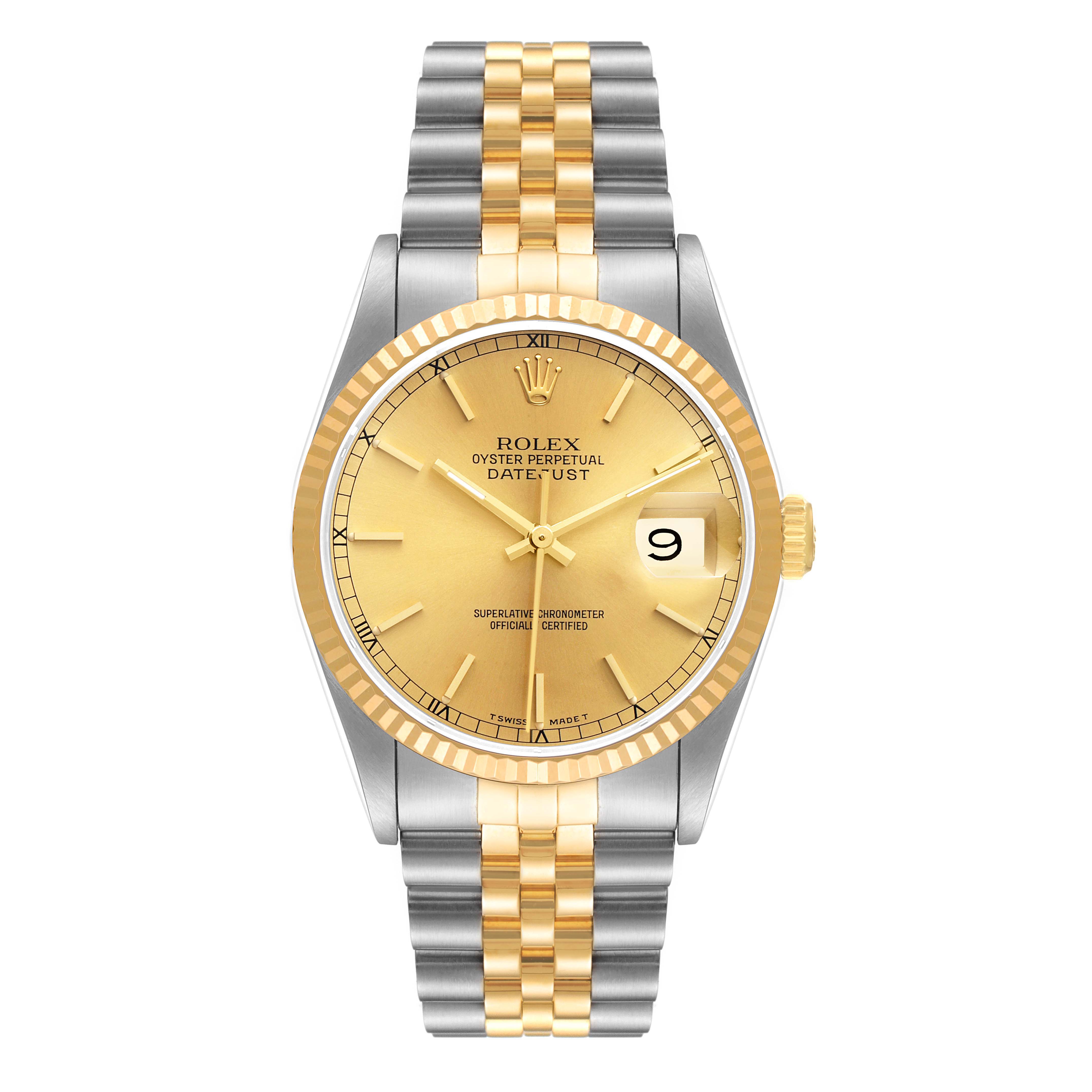This is a front view of a Rolex Datejust 16233 Men
s Steel and Gold (two tone) Champagne Dial 16233 Men
s Steel and Gold (two tone) Champagne Dial watch, showing the face, bezel, bracelet, and crown.