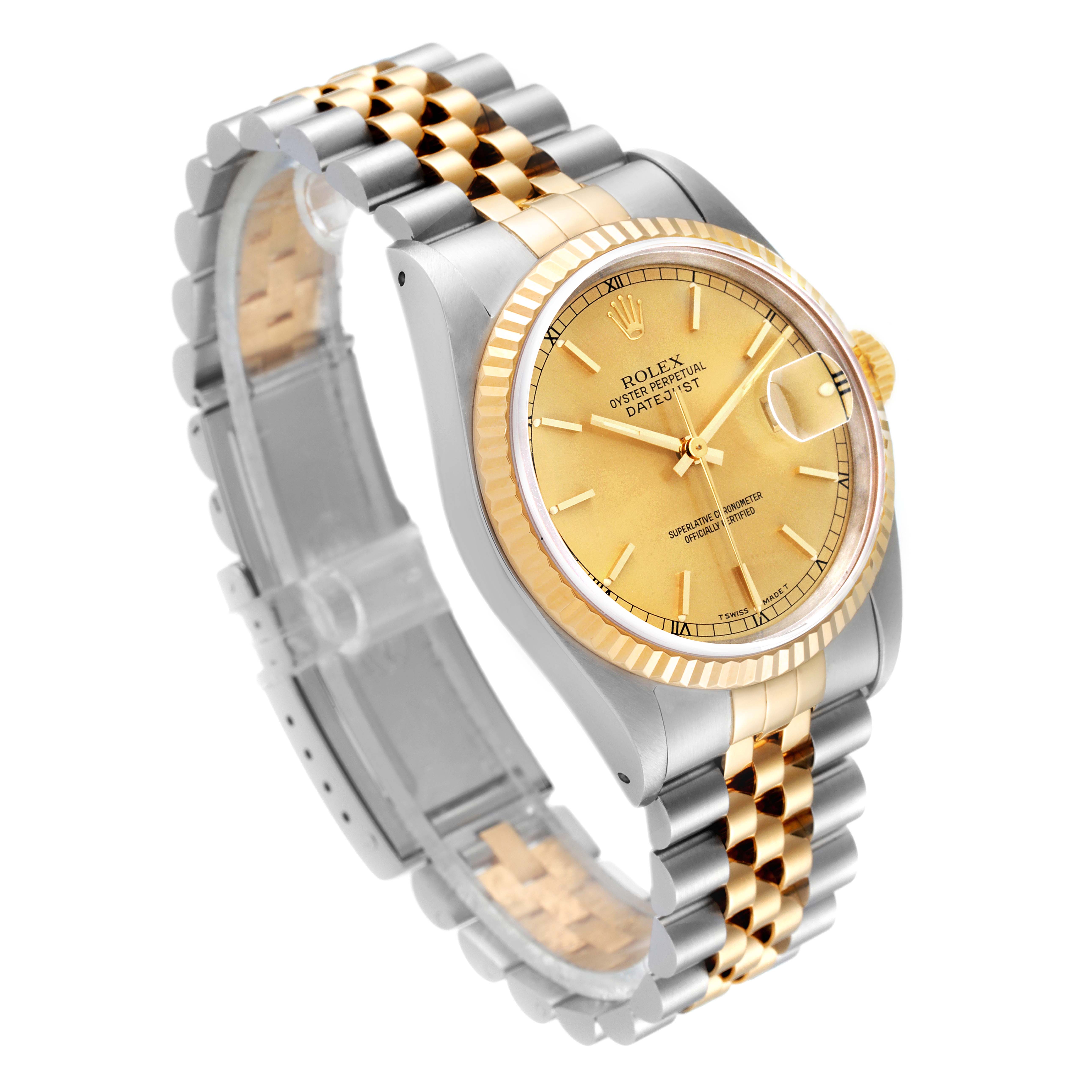 This image shows the Rolex Datejust 16233 Men
s Steel and Gold (two tone) Champagne Dial 16233 Men
s Steel and Gold (two tone) Champagne Dial watch from an angled view, highlighting its two-tone bracelet and gold dial.
