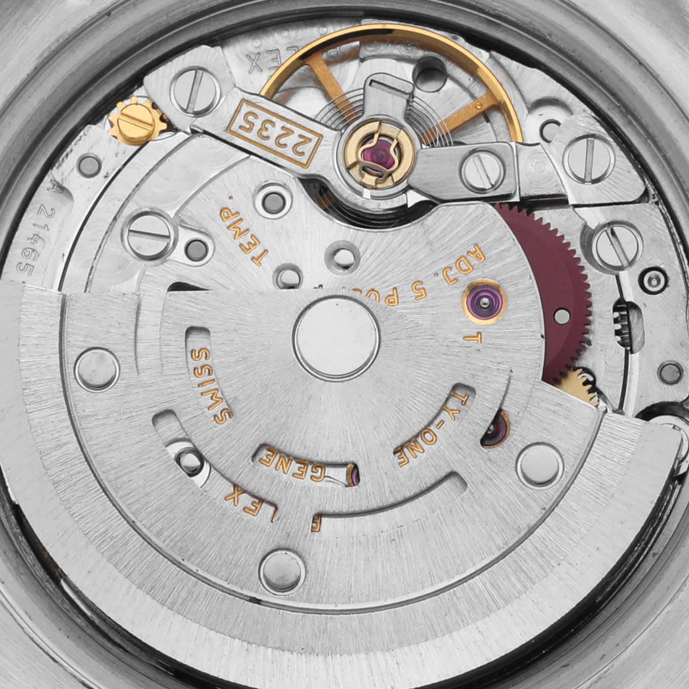 The image shows the movement mechanism of a Rolex Datejust 179171 Women's Steel and Gold (two tone) White Dial 179171 Women's Steel and Gold (two tone) White Dial watch, focusing on its intricate inner components from a top view.