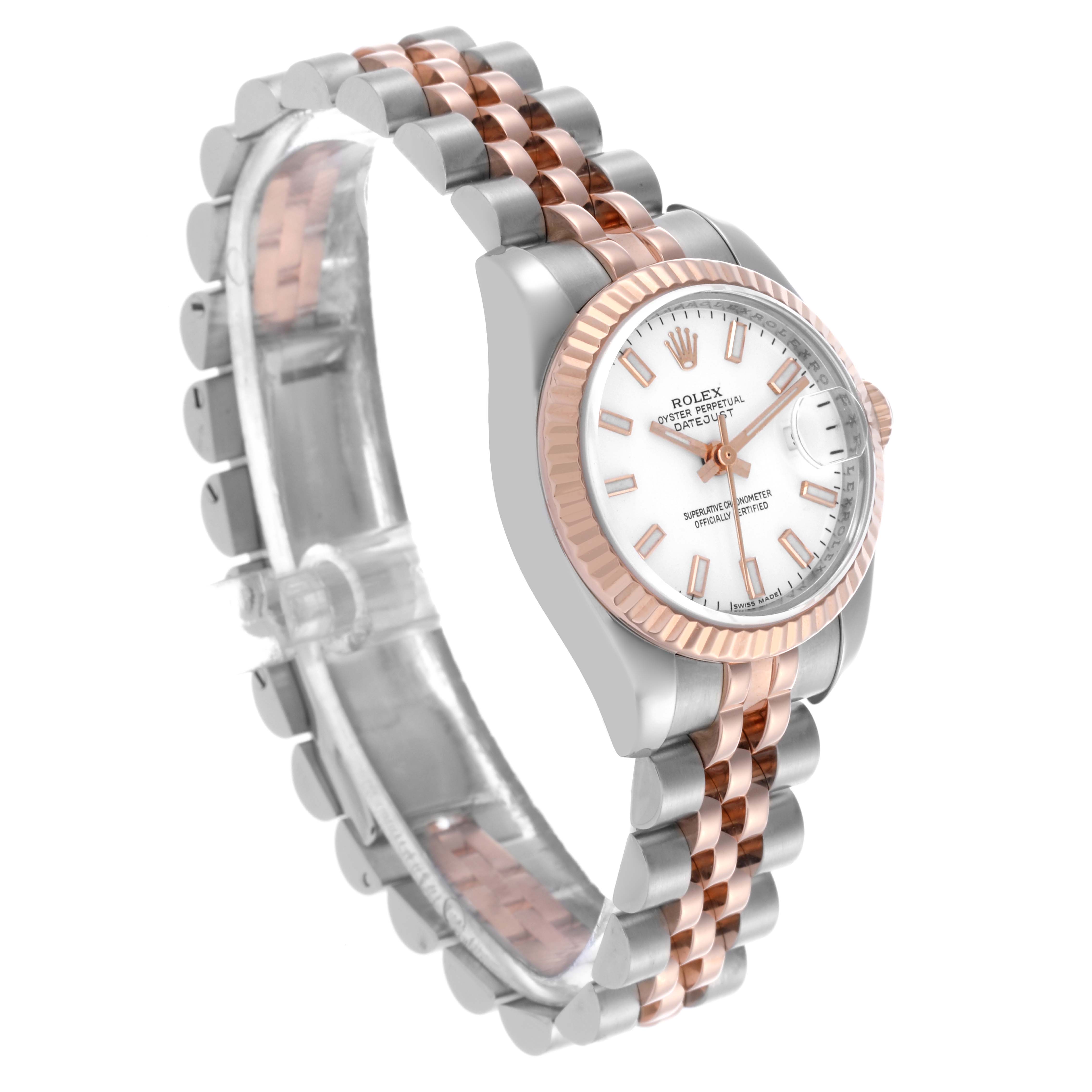 The Rolex Datejust 179171 Women's Steel and Gold (two tone) White Dial 179171 Women's Steel and Gold (two tone) White Dial watch is shown at a three-quarter angle, highlighting the face, bezel, and two-tone bracelet.