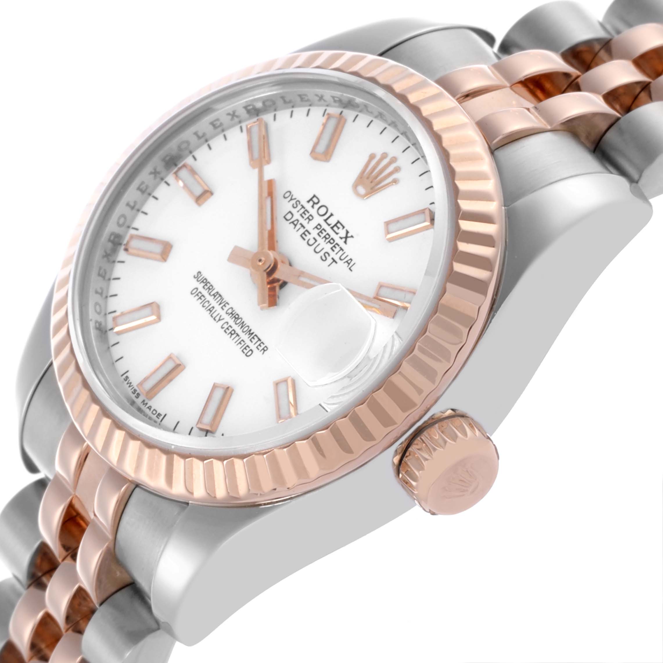 The Rolex Datejust 179171 Women's Steel and Gold (two tone) White Dial 179171 Women's Steel and Gold (two tone) White Dial is shown from an angled side view highlighting the bezel, crown, and part of the bracelet.