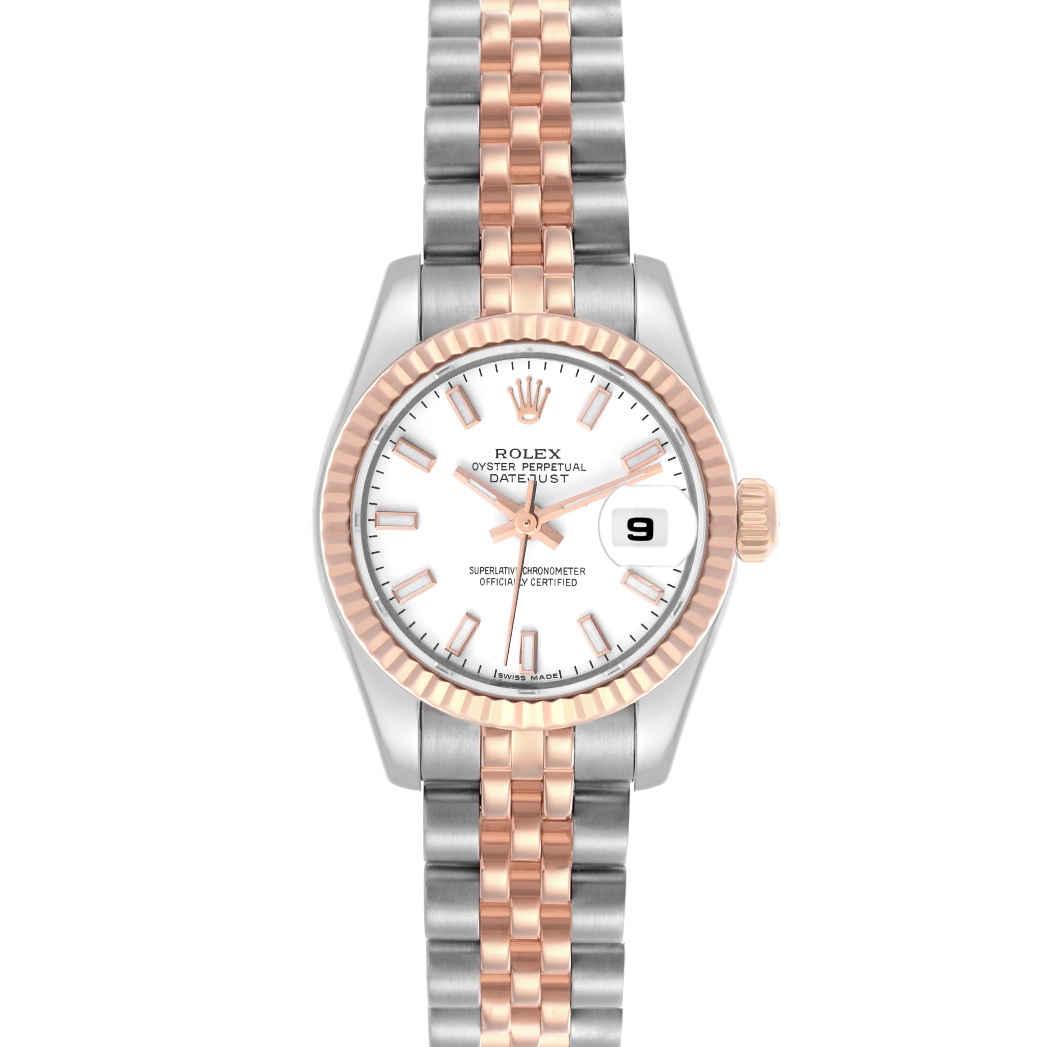 The image shows a frontal view of a Rolex Datejust 179171 Women's Steel and Gold (two tone) White Dial 179171 Women's Steel and Gold (two tone) White Dial highlighting the dial, bezel, crown, and two-tone bracelet.