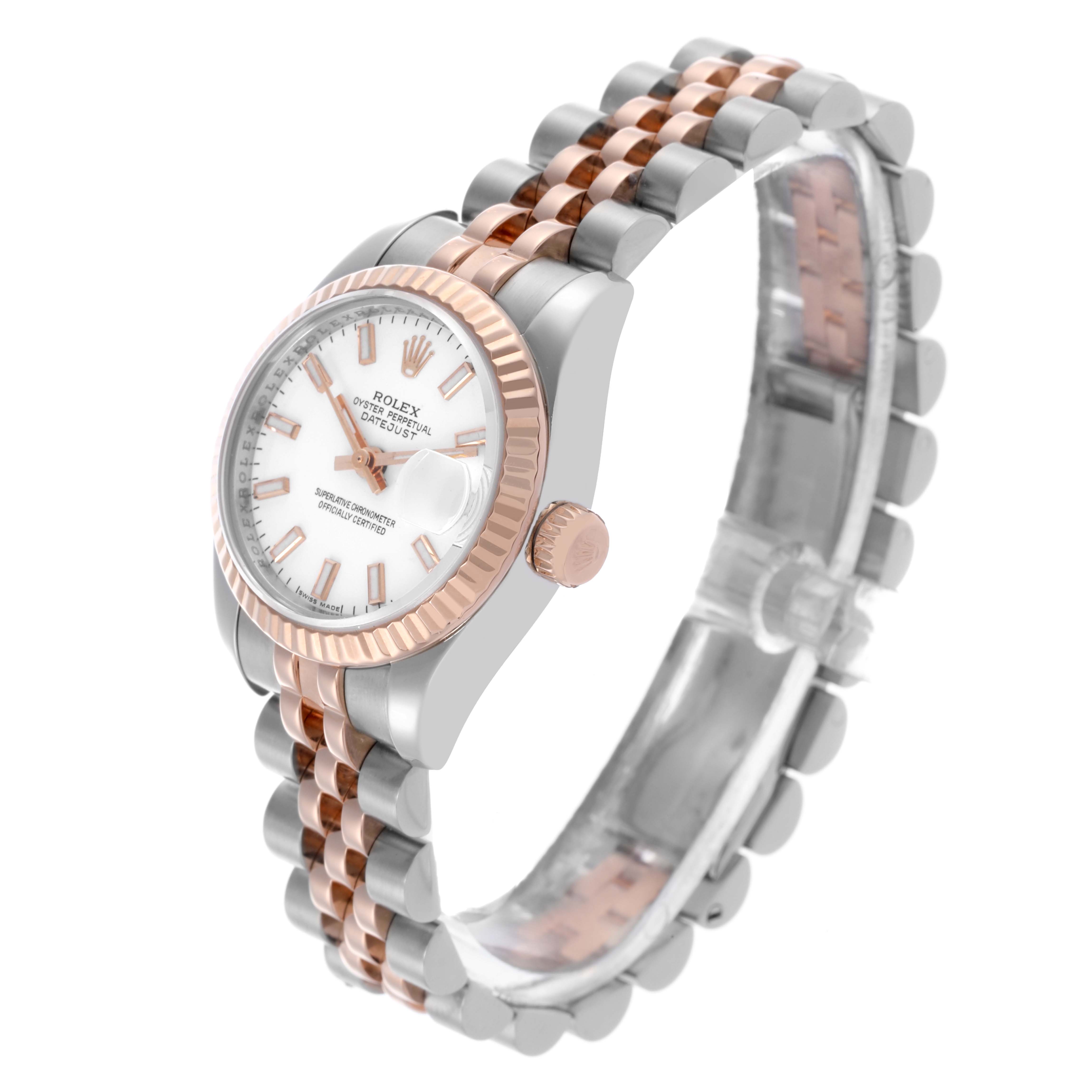 The Rolex Datejust 179171 Women's Steel and Gold (two tone) White Dial 179171 Women's Steel and Gold (two tone) White Dial watch is shown at a slight angle, displaying the face, crown, bezel, and two-tone jubilee bracelet.