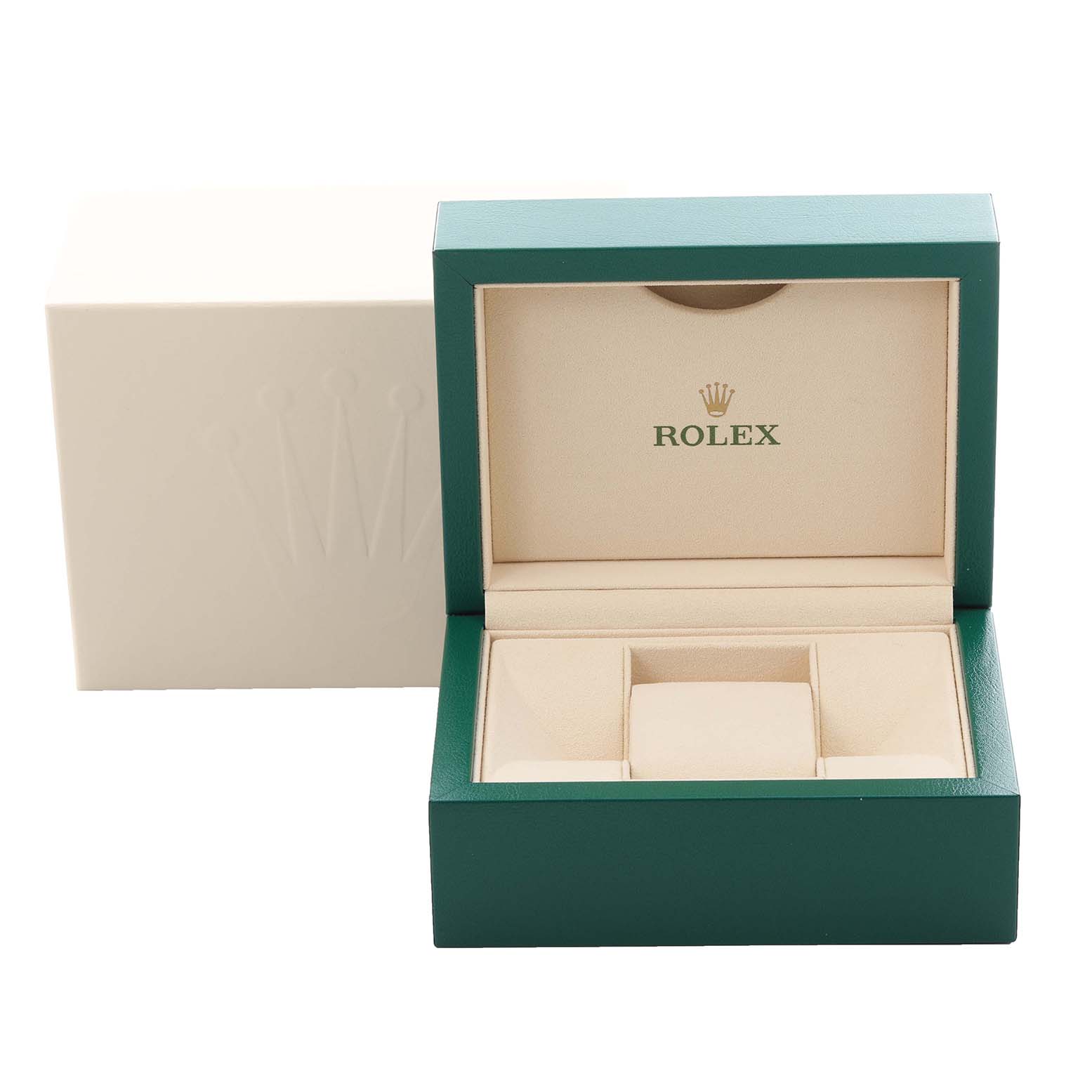 The image shows an open Rolex Datejust 179171 Women's Steel and Gold (two tone) White Dial 179171 Women's Steel and Gold (two tone) White Dial watch box with a green exterior and beige interior.