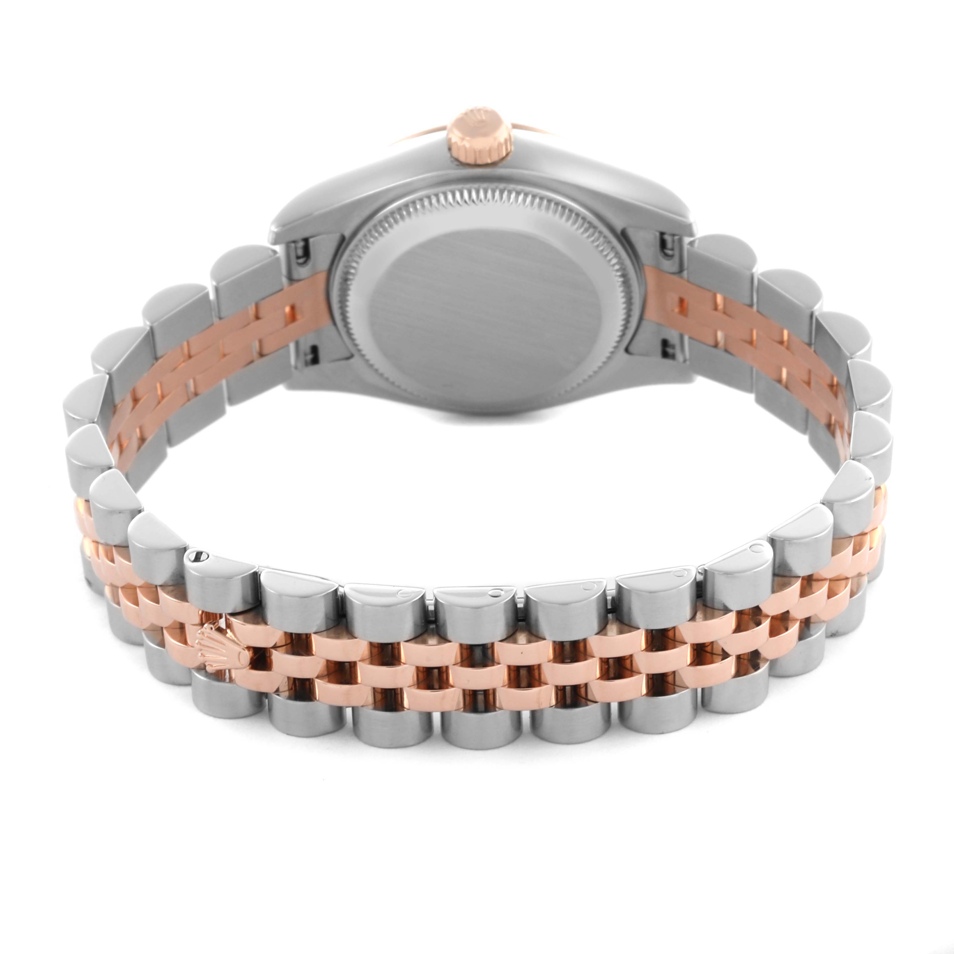 The image shows the back and bracelet of a Rolex Datejust 179171 Women's Steel and Gold (two tone) White Dial 179171 Women's Steel and Gold (two tone) White Dial, highlighting the two-tone metal links and case back.