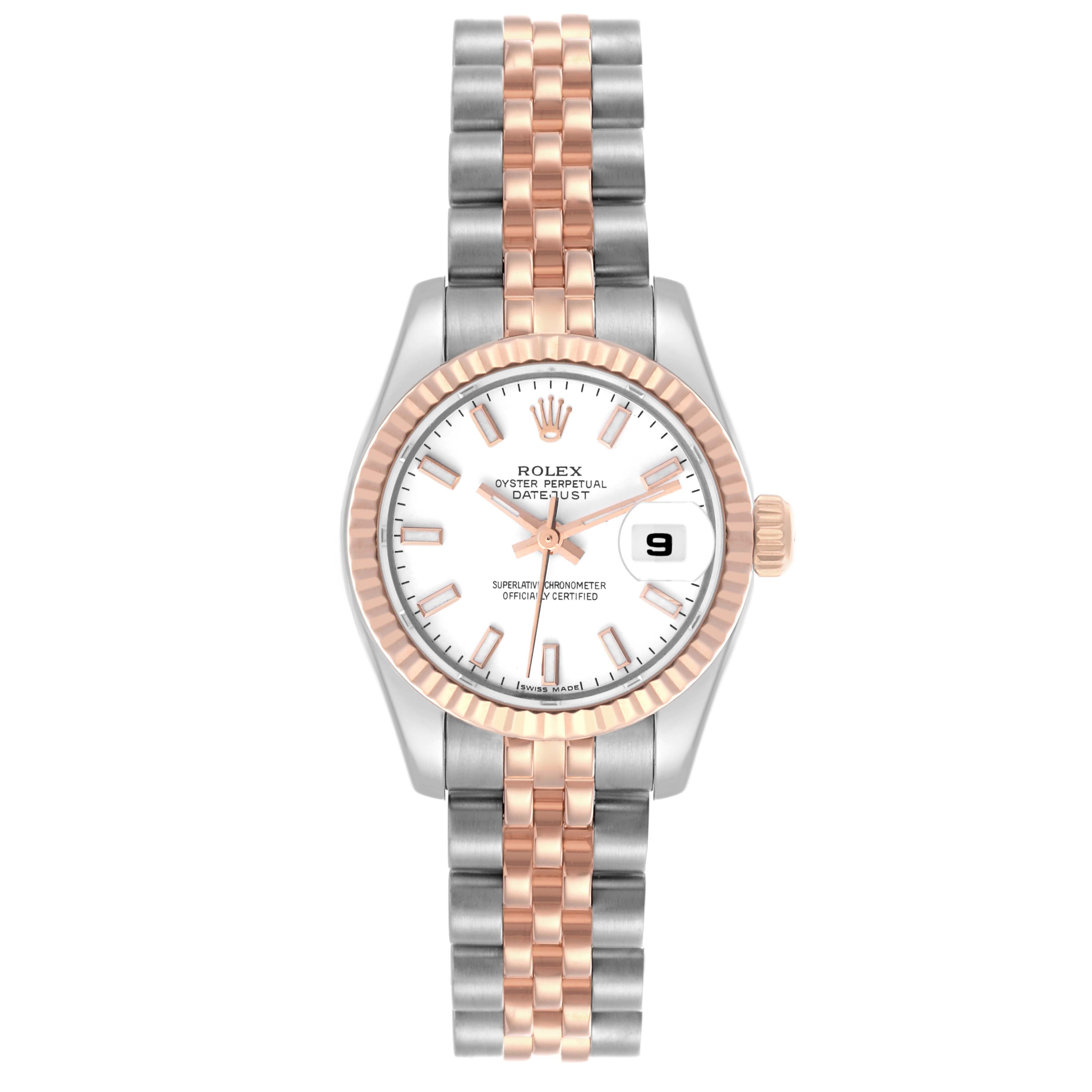 The Rolex Datejust 179171 Women's Steel and Gold (two tone) White Dial 179171 Women's Steel and Gold (two tone) White Dial watch is shown from a top-down angle, displaying its two-tone bracelet, fluted bezel, and dial with date window.