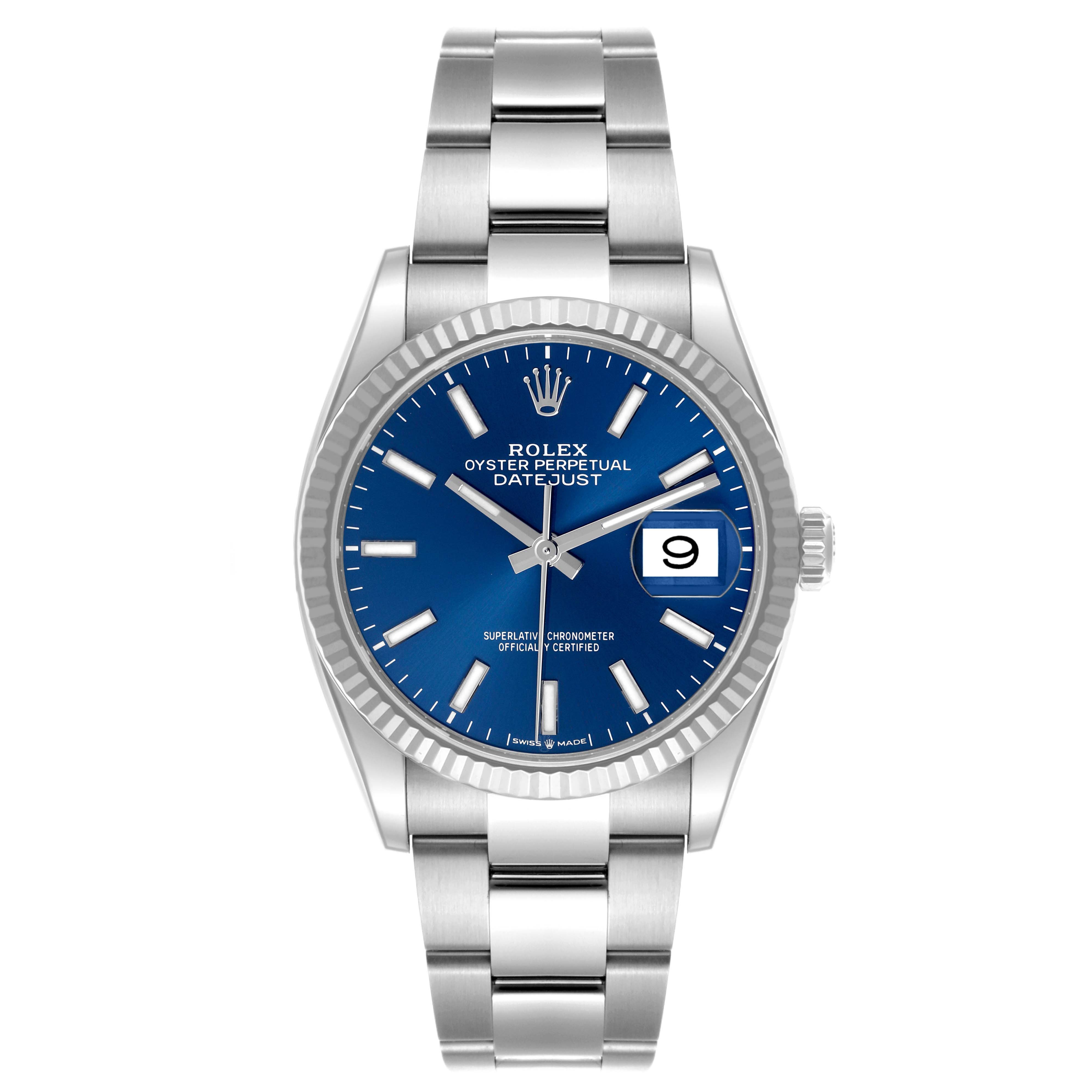 The Rolex Datejust 126234 Men's Stainless Steel Blue Dial 126234 Men's Stainless Steel Blue Dial watch is shown from the front, displaying the face, bezel, crown, and bracelet.