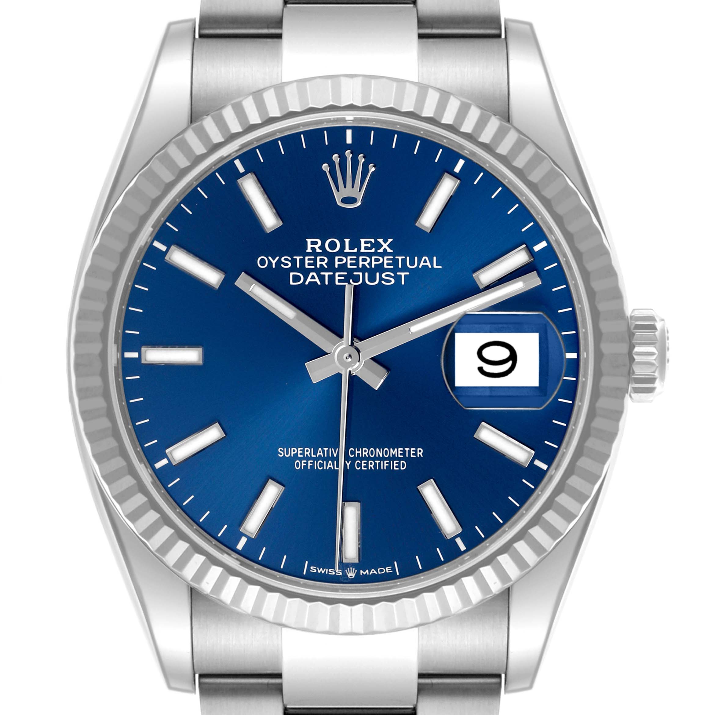 The Rolex Datejust 126234 Men's Stainless Steel Blue Dial 126234 Men's Stainless Steel Blue Dial watch is shown from a front angle, displaying its blue dial, date window, and stainless steel case.