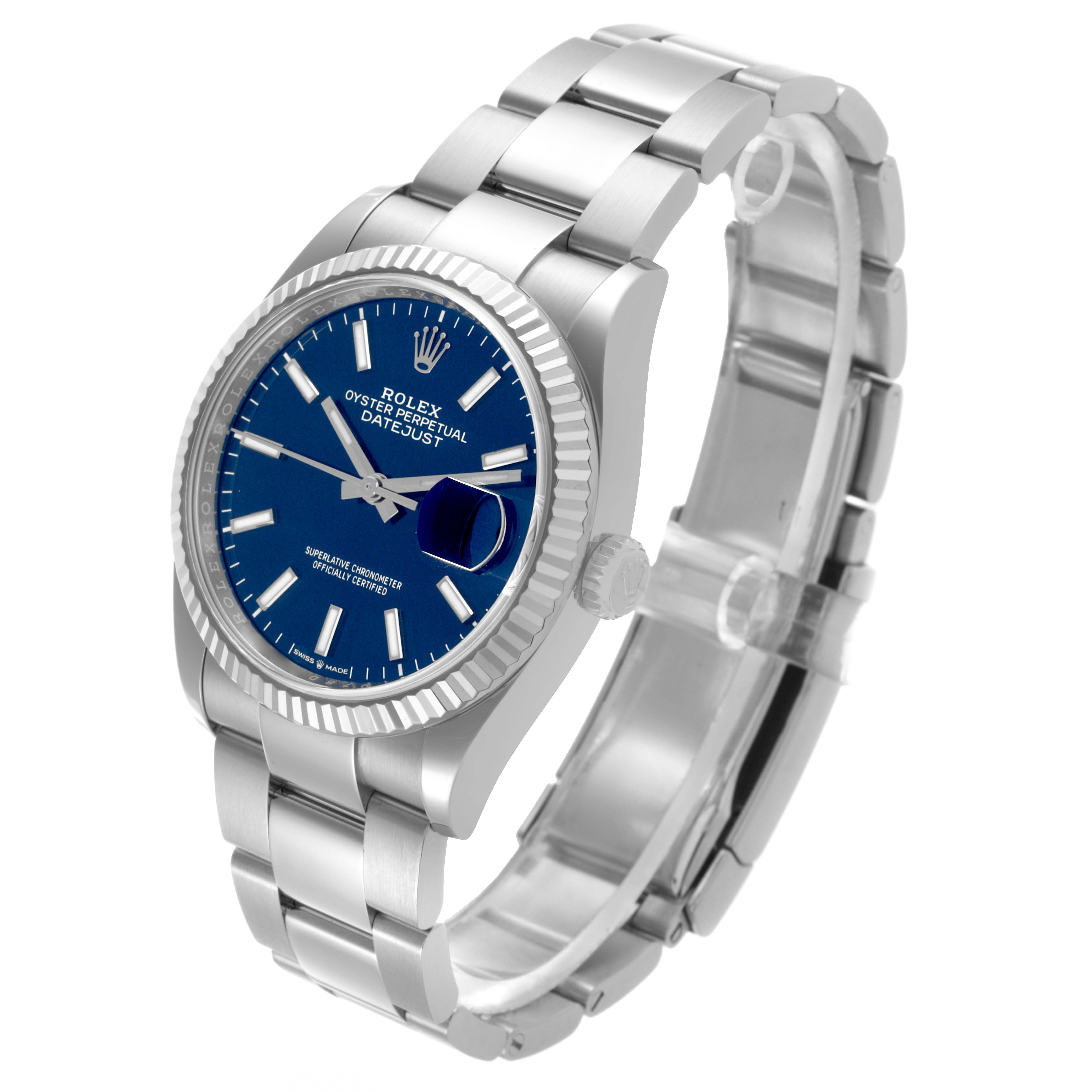 The Rolex Datejust 126234 Men's Stainless Steel Blue Dial 126234 Men's Stainless Steel Blue Dial watch is shown at a slight angle, displaying the dial, bezel, and part of the bracelet.
