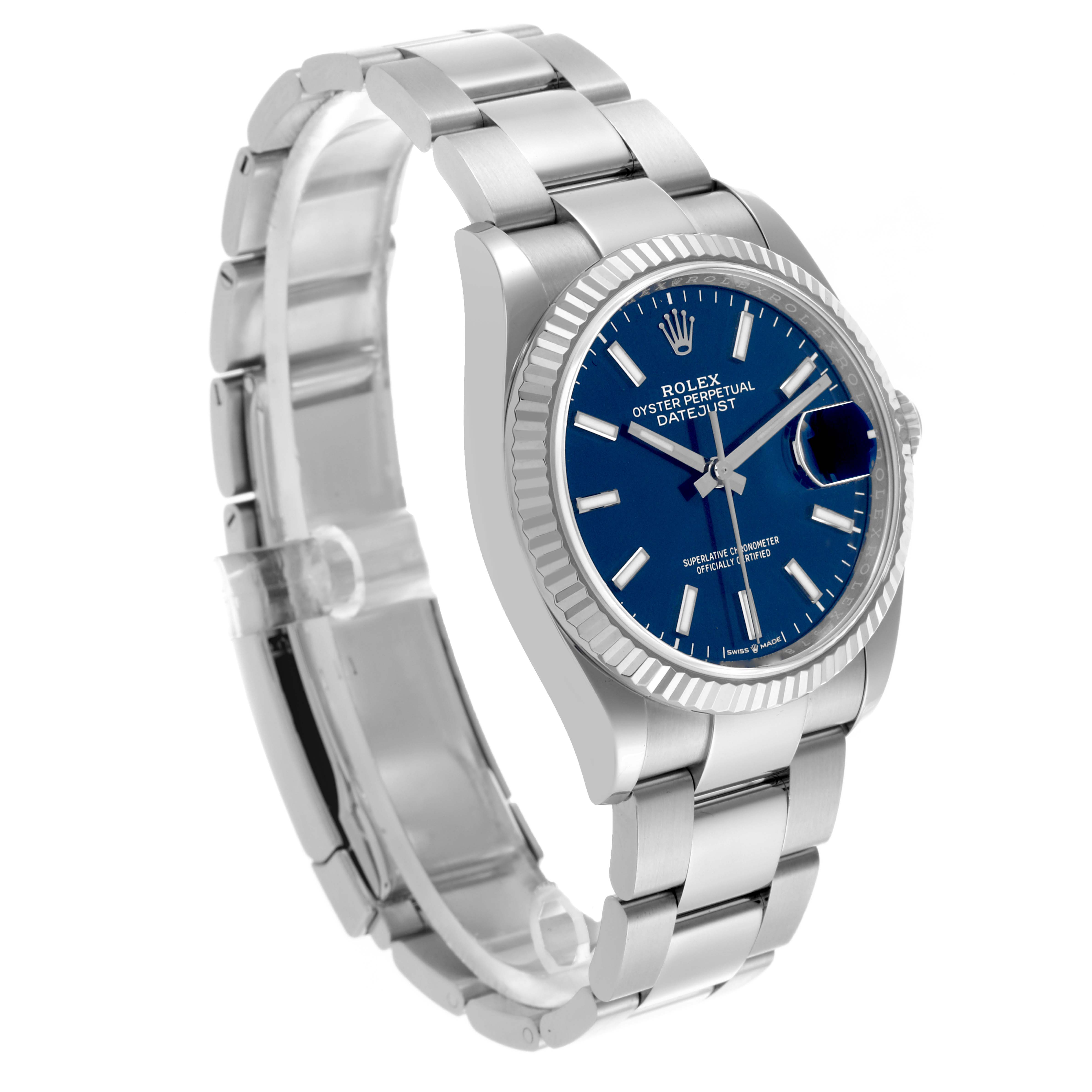 The Rolex Datejust 126234 Men's Stainless Steel Blue Dial 126234 Men's Stainless Steel Blue Dial watch is shown at a three-quarter angle, highlighting the bracelet, case, and blue dial.