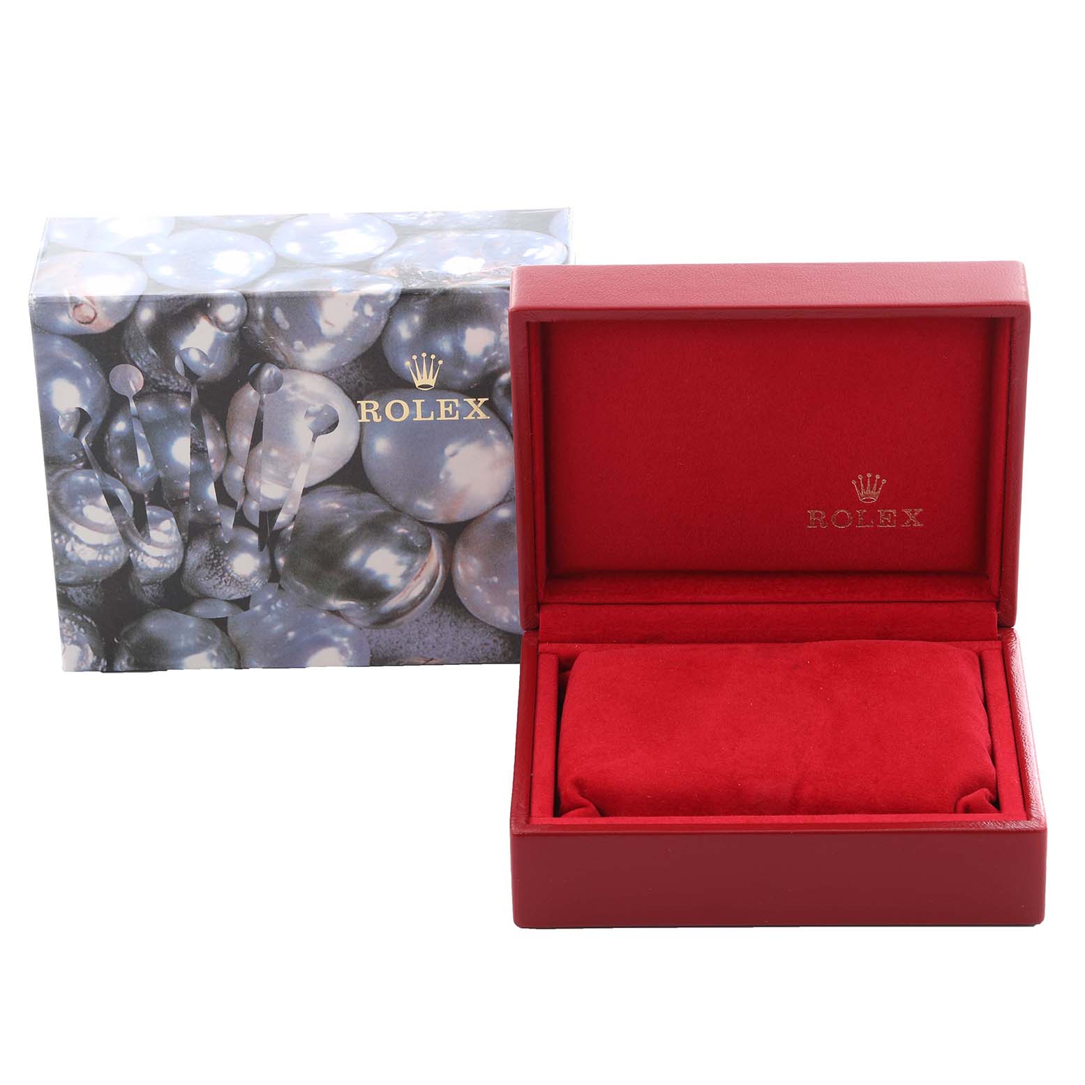 The image shows a Rolex Datejust 69174 Women's Stainless Steel Blue Dial 69174 Women's Stainless Steel Blue Dial watch box set with an open red case and a patterned outer box.