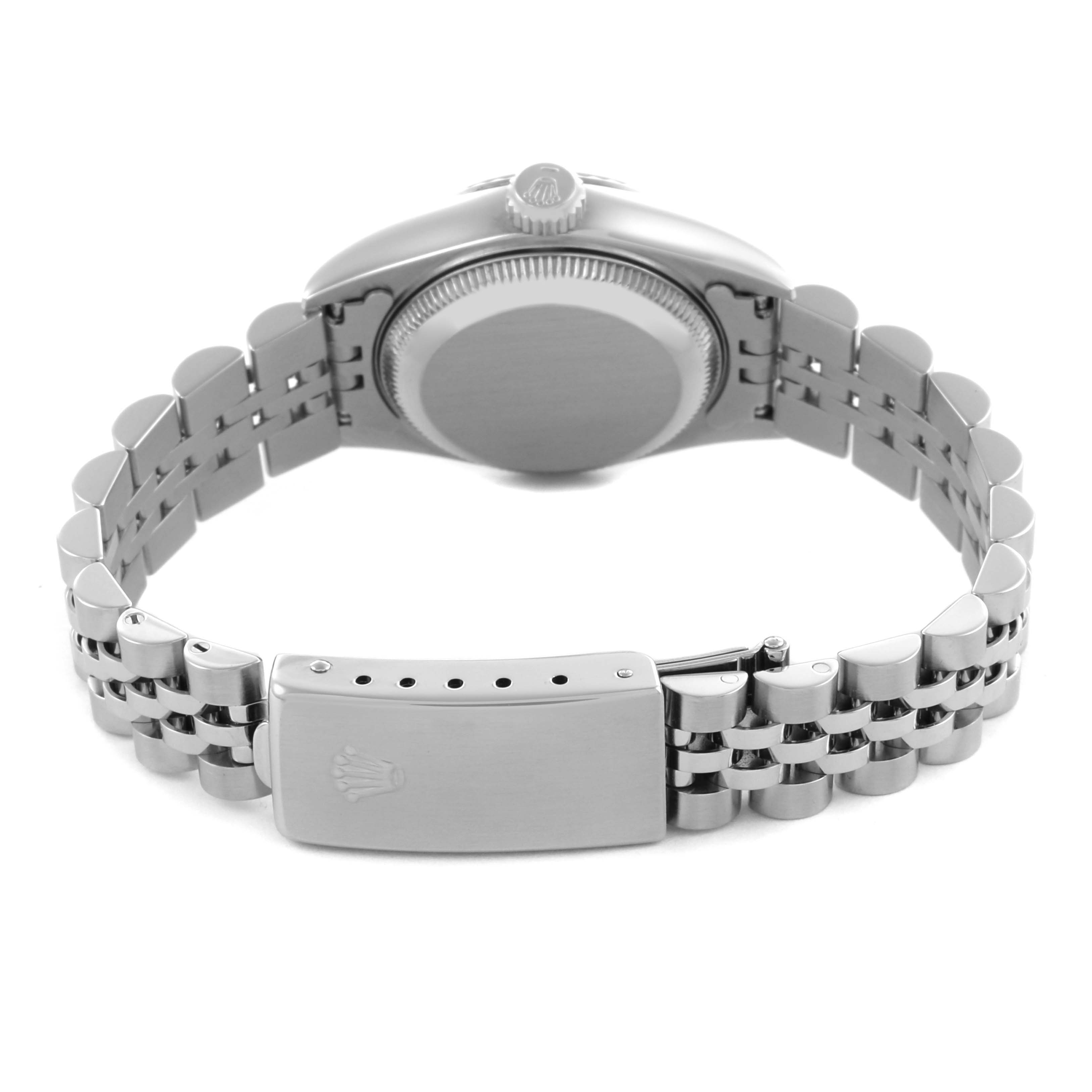 The image shows the back view of a Rolex Datejust 69174 Women's Stainless Steel Blue Dial 69174 Women's Stainless Steel Blue Dial, including the case back, bracelet, and clasp.