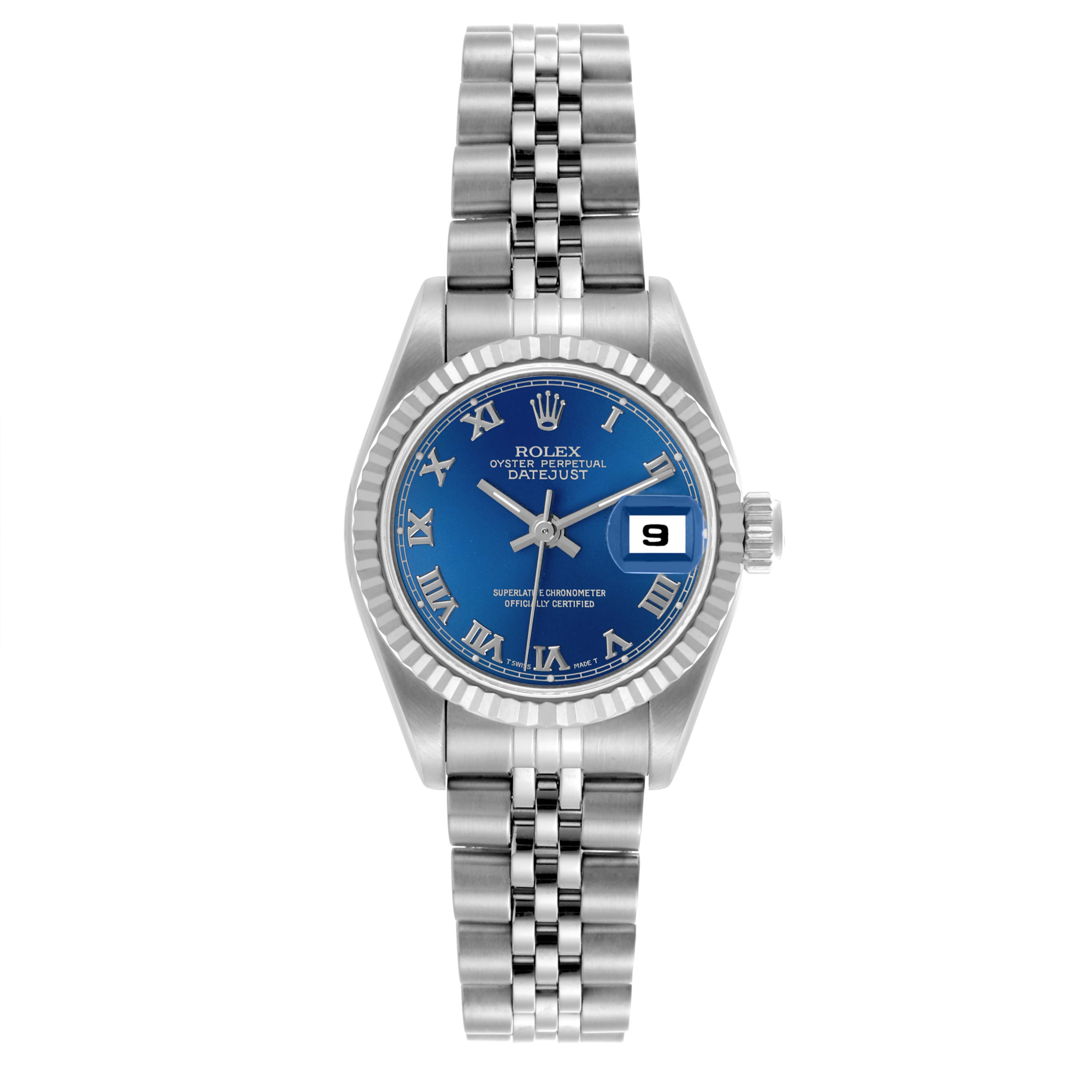 The Rolex Datejust 69174 Women's Stainless Steel Blue Dial 69174 Women's Stainless Steel Blue Dial watch is shown from a front view, highlighting the blue dial, fluted bezel, and Jubilee bracelet.