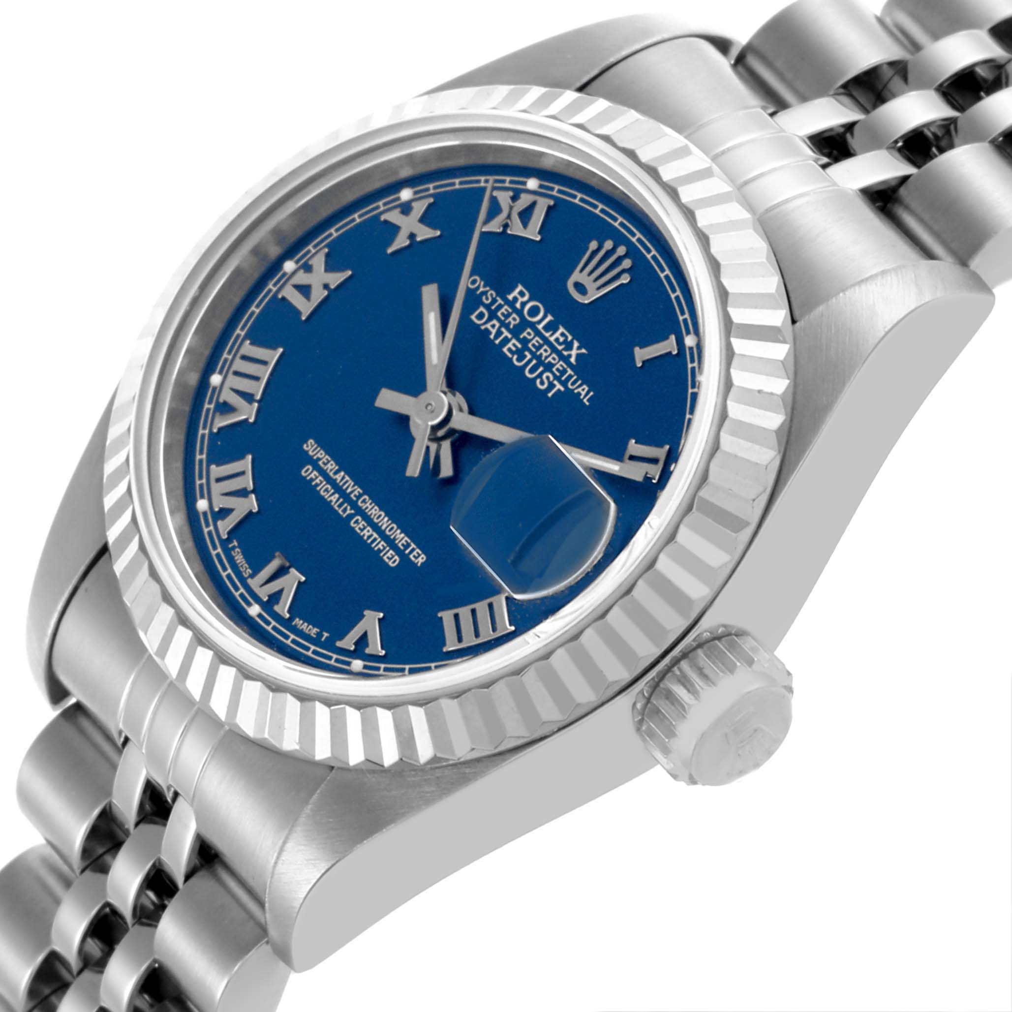 The Rolex Datejust 69174 Women's Stainless Steel Blue Dial 69174 Women's Stainless Steel Blue Dial watch is shown at an angle displaying the blue dial, Roman numerals, fluted bezel, and part of the Jubilee bracelet.