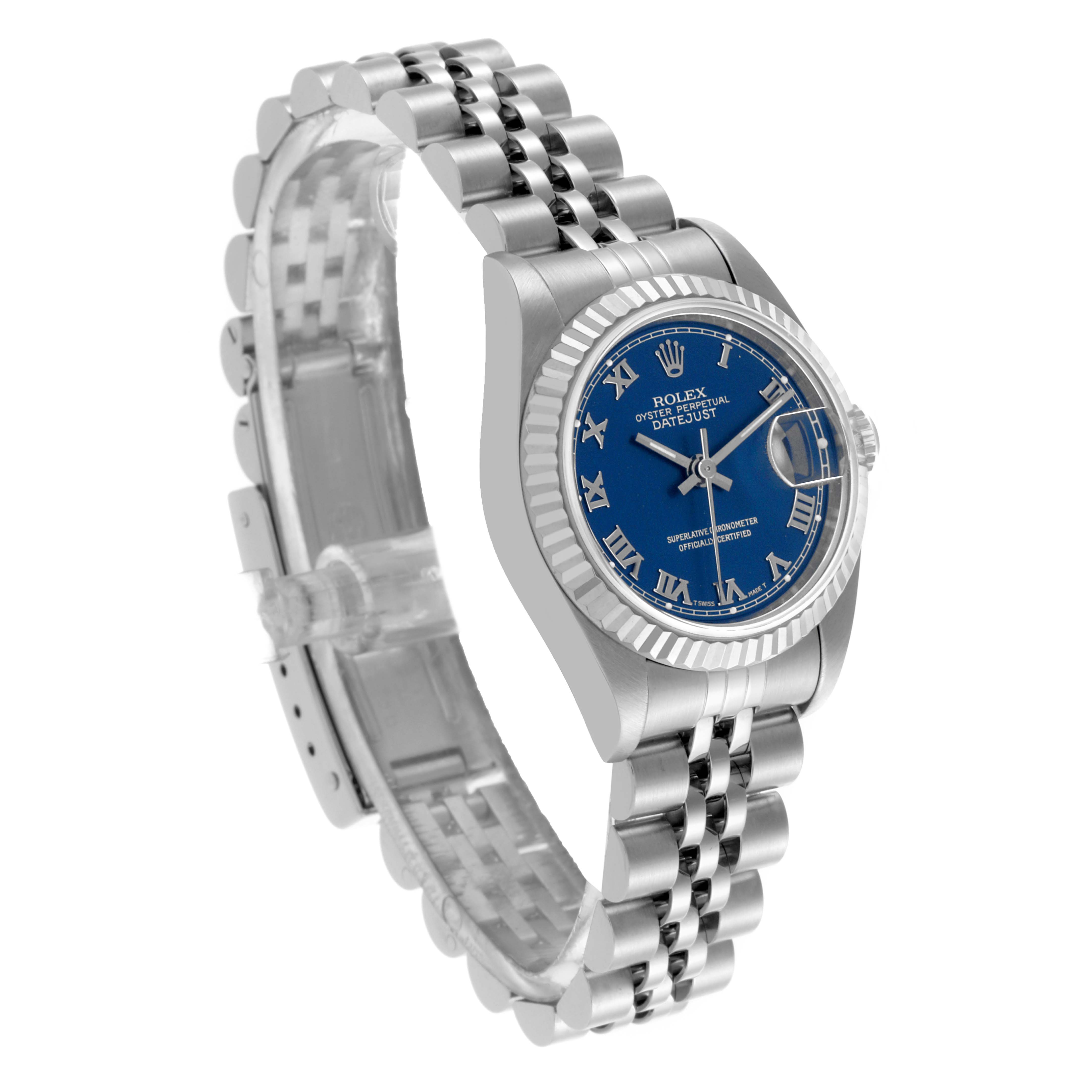 The Rolex Datejust 69174 Women's Stainless Steel Blue Dial 69174 Women's Stainless Steel Blue Dial watch is shown at a three-quarter angle, highlighting the face, bezel, crown, and bracelet.