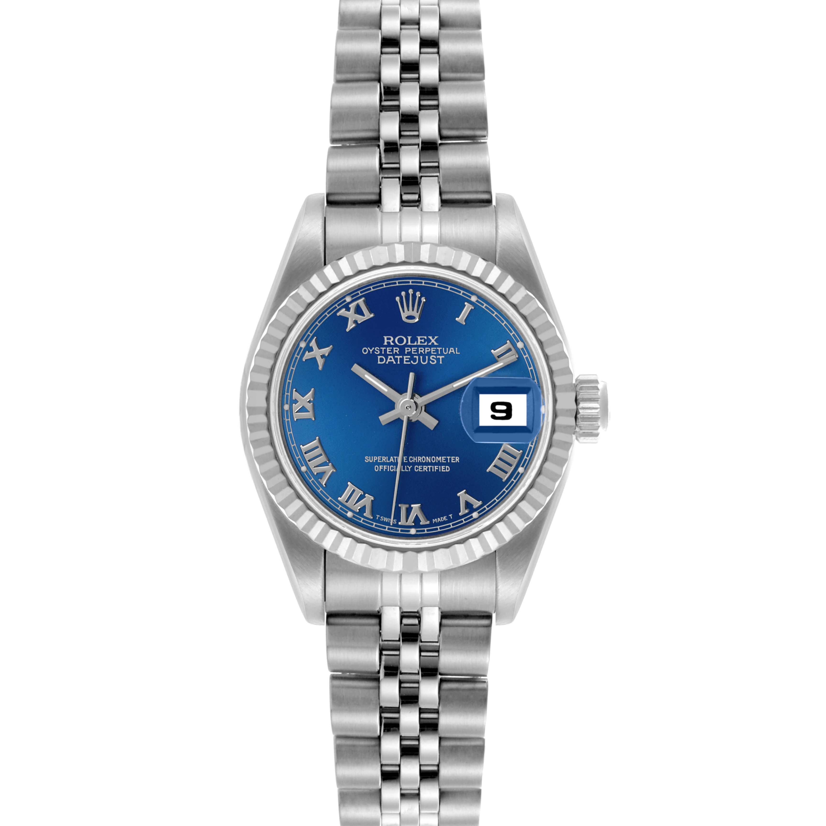 The Rolex Datejust 69174 Women's Stainless Steel Blue Dial 69174 Women's Stainless Steel Blue Dial watch is shown from the front, displaying the dial, bezel, case, bracelet, and crown.