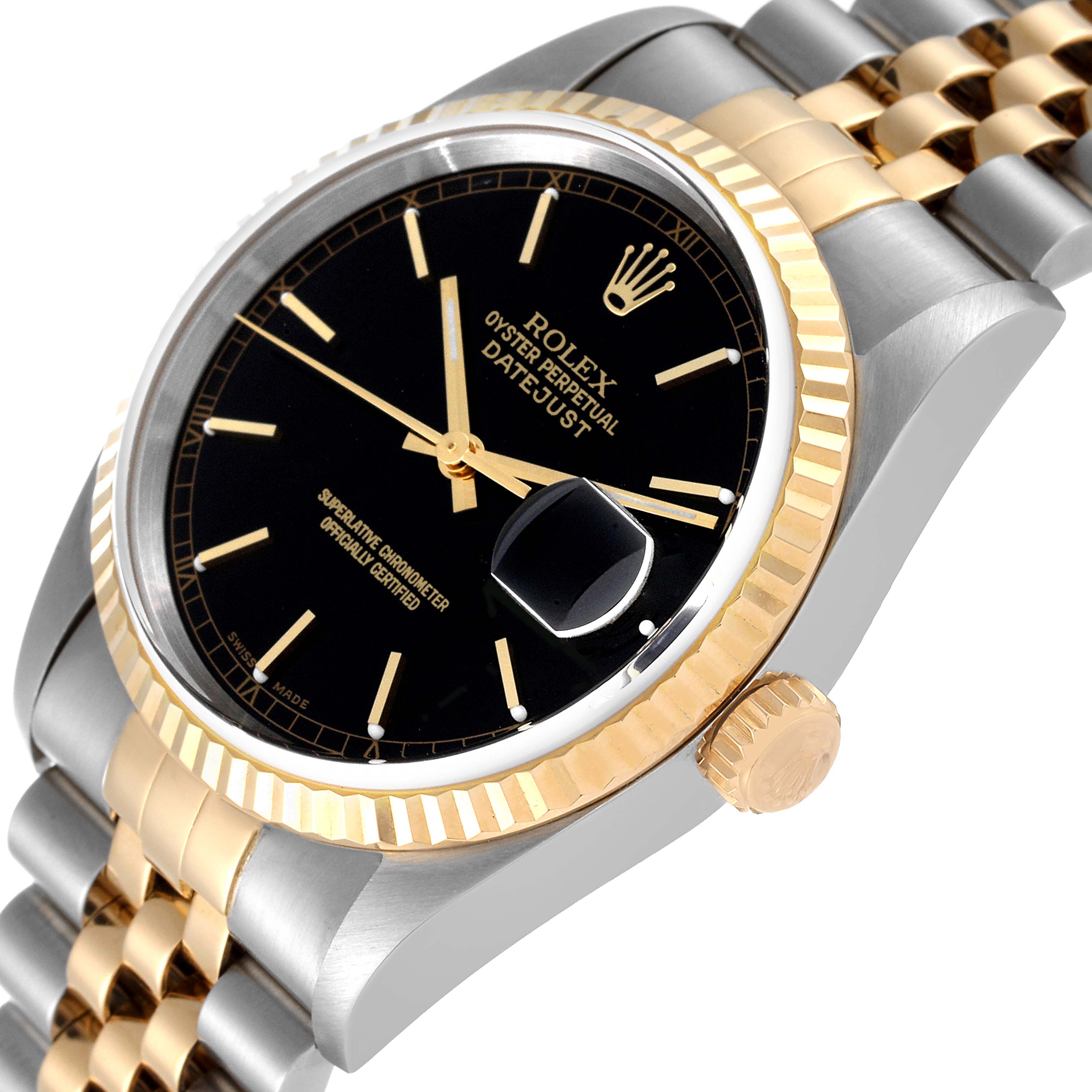 The image shows a close-up angle of a Rolex Datejust 16233 Men's Steel and Gold (two tone) Black Dial 16233 Men's Steel and Gold (two tone) Black Dial watch, highlighting its dial, fluted bezel, crown, and two-tone Jubilee bracelet.