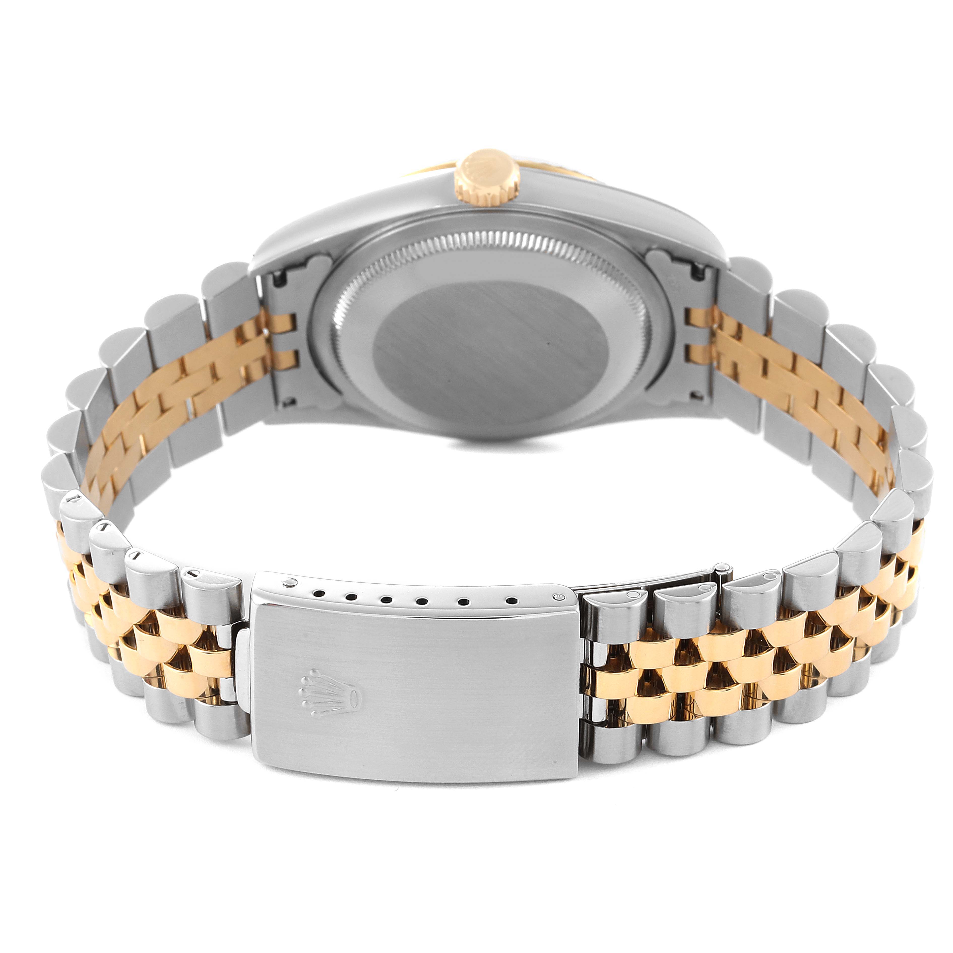 The image shows the back view of a Rolex Datejust 16233 Men's Steel and Gold (two tone) Black Dial 16233 Men's Steel and Gold (two tone) Black Dial watch, highlighting its Jubilee bracelet and clasp.