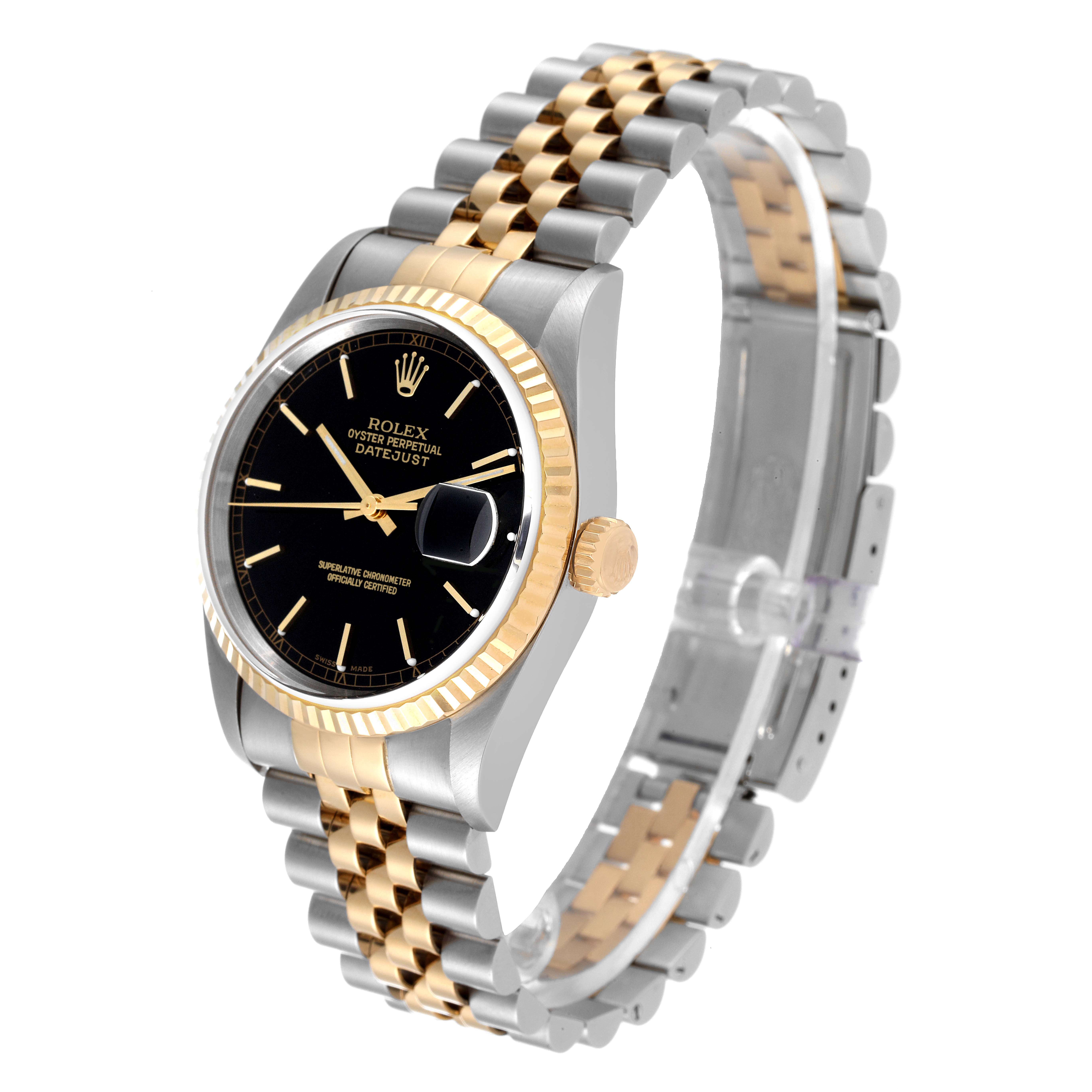 The Rolex Datejust 16233 Men's Steel and Gold (two tone) Black Dial 16233 Men's Steel and Gold (two tone) Black Dial watch is shown at an angled front view, revealing its black dial, two-tone bracelet, and fluted bezel.